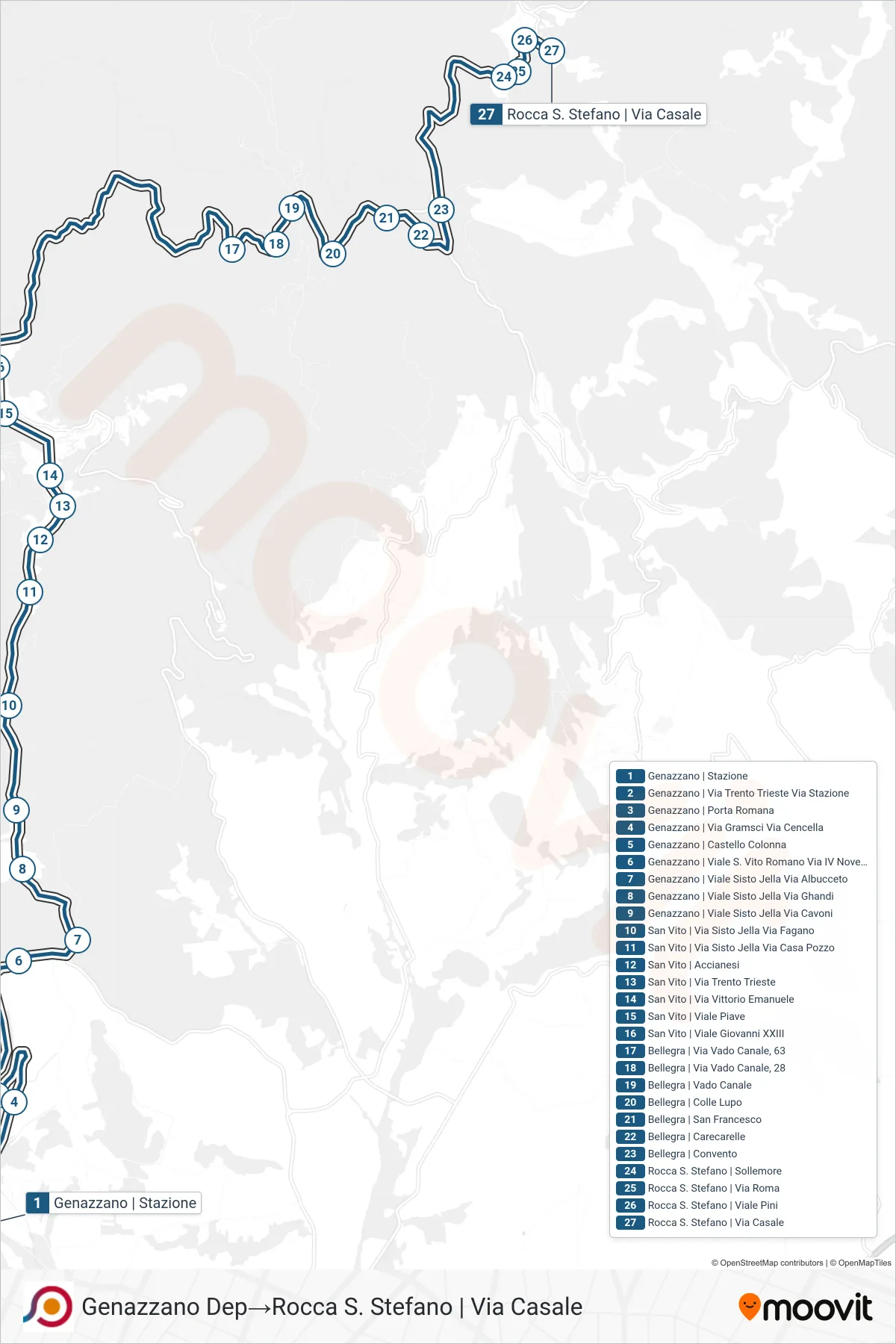 Linea COTRAL bus (Genazzano Dep→Rocca S. Stefano | Via Casale) - Percorsi e fermate sulla mappa