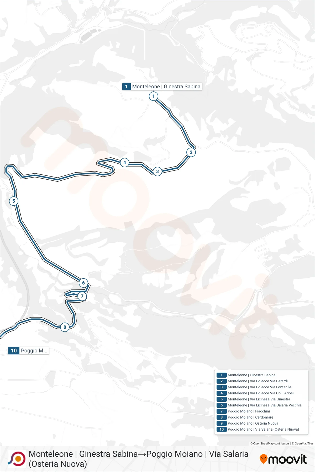 Linea COTRAL  bus (Monteleone | Ginestra Sabina‎→Poggio Moiano | Via Salaria (Osteria Nuova)) - Percorsi e fermate sulla mappa