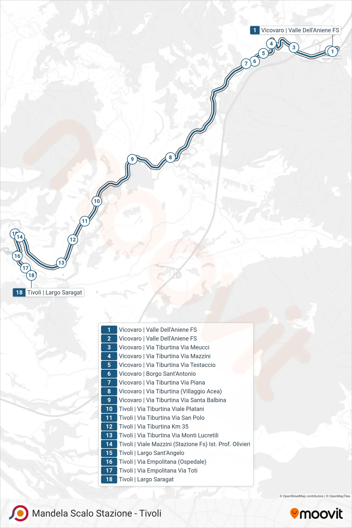Linea COTRAL  bus (Vicovaro | Valle Dell'Aniene FS‎→Tivoli | Largo Saragat) - Percorsi e fermate sulla mappa