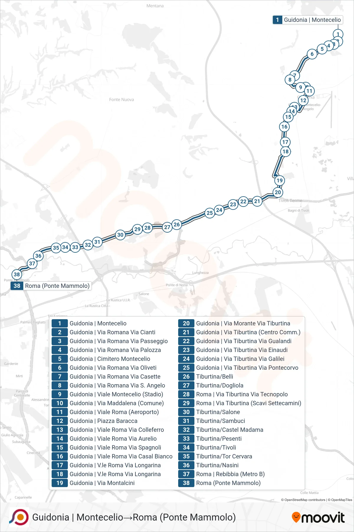 Linea COTRAL bus (Guidonia | Montecelio→Roma (Ponte Mammolo)) - Percorsi e fermate sulla mappa