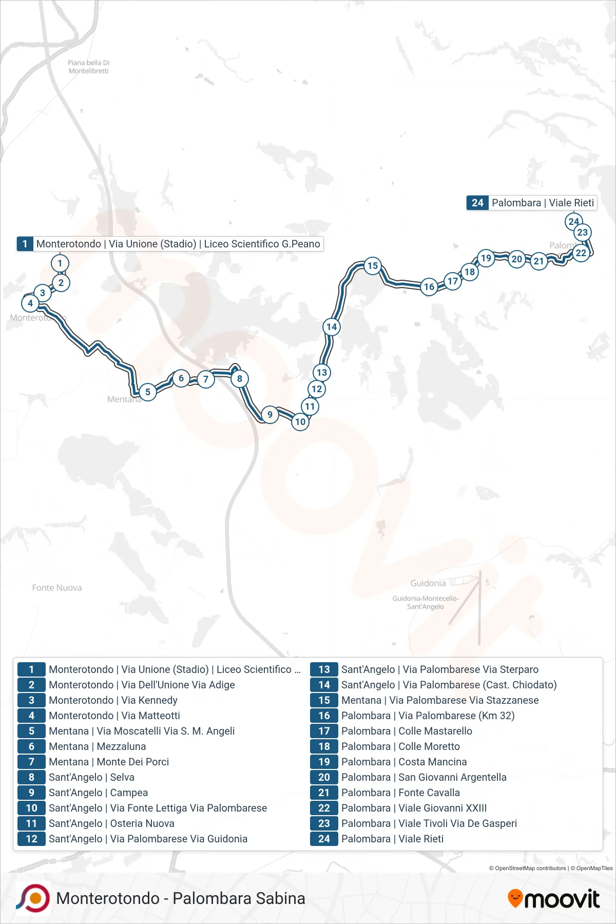 COTRAL bus Line (Monterotondo Via Unione (Stadium) G.Peano Scientific High School→Palombara via Viale Rieti) route and stops on a map