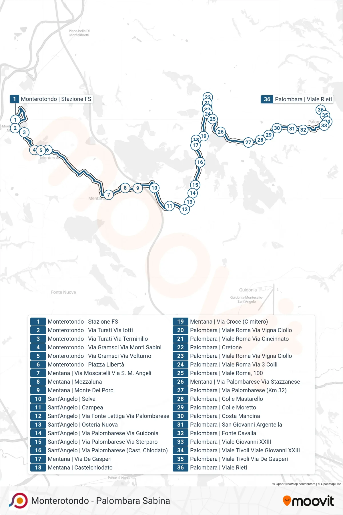 Linea COTRAL bus (Monterotondo | Stazione FS→Palombara | Viale Rieti) - Percorsi e fermate sulla mappa