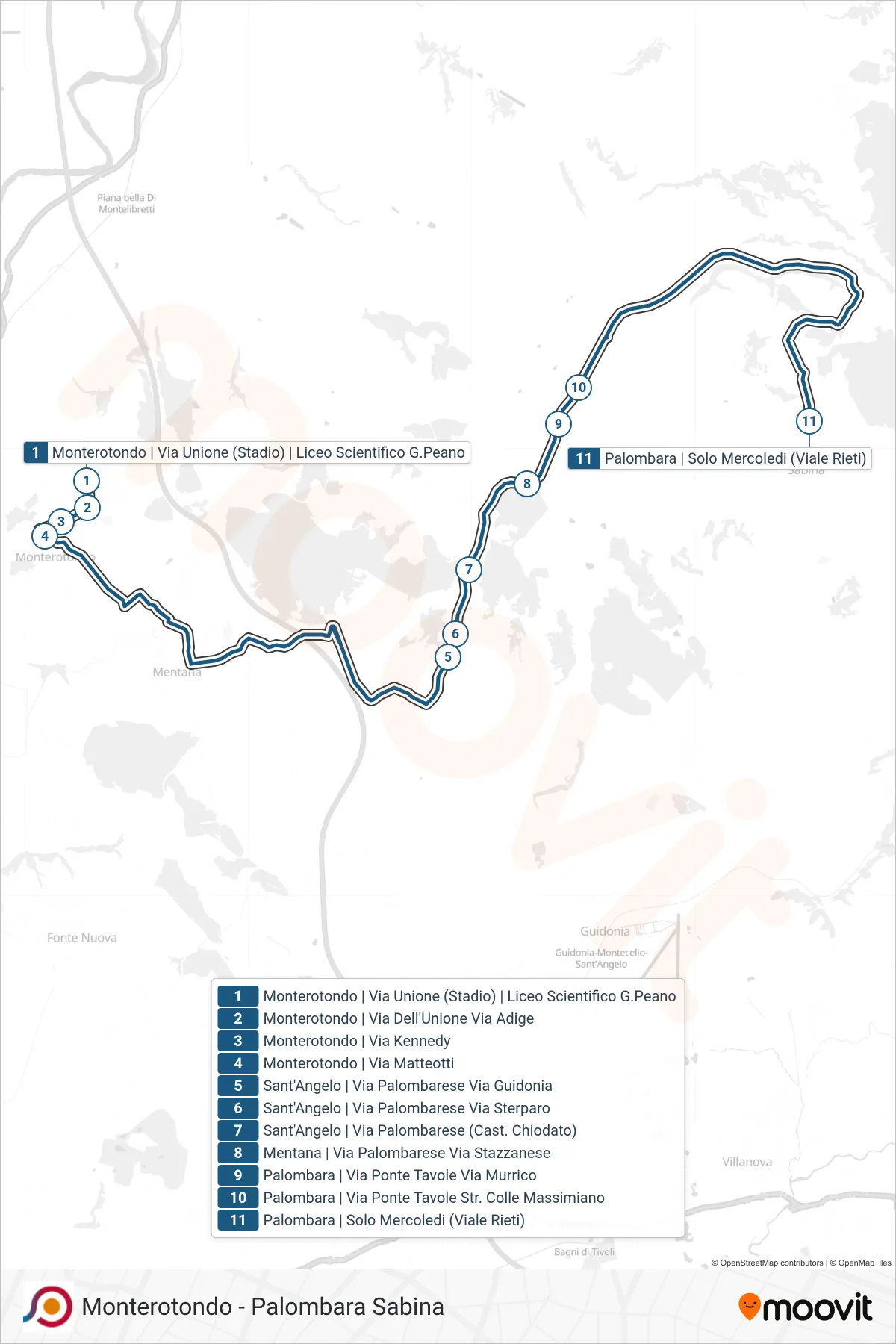 Linea COTRAL bus (Monterotondo | Via Unione (Stadio) | Liceo Scientifico G.Peano→Palombara | Solo Mercoledi (Viale Rieti)) - Percorsi e fermate sulla mappa