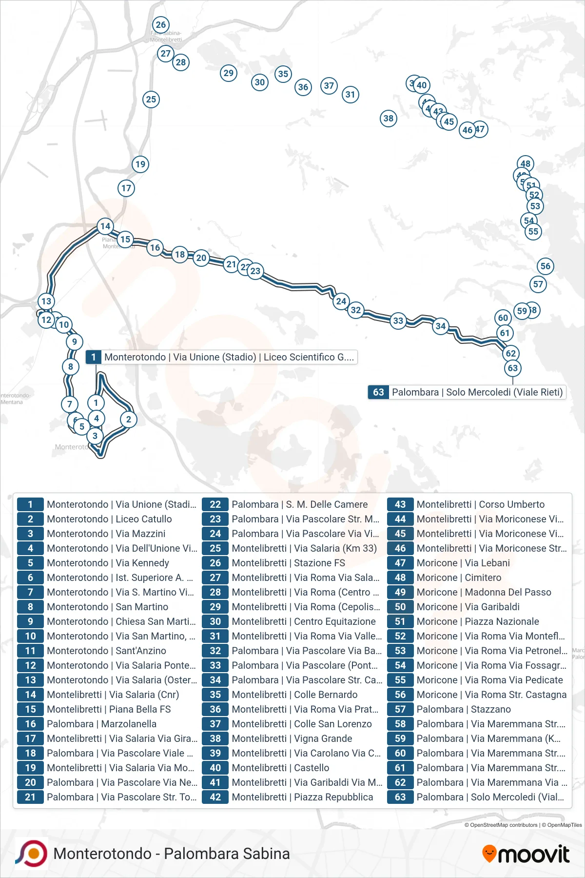 COTRAL bus Line (Monterotondo Via Unione (Stadium) G.Peano Scientific High School→Palombara | Wednesdays Only (Rieti Avenue)) route and stops on a map