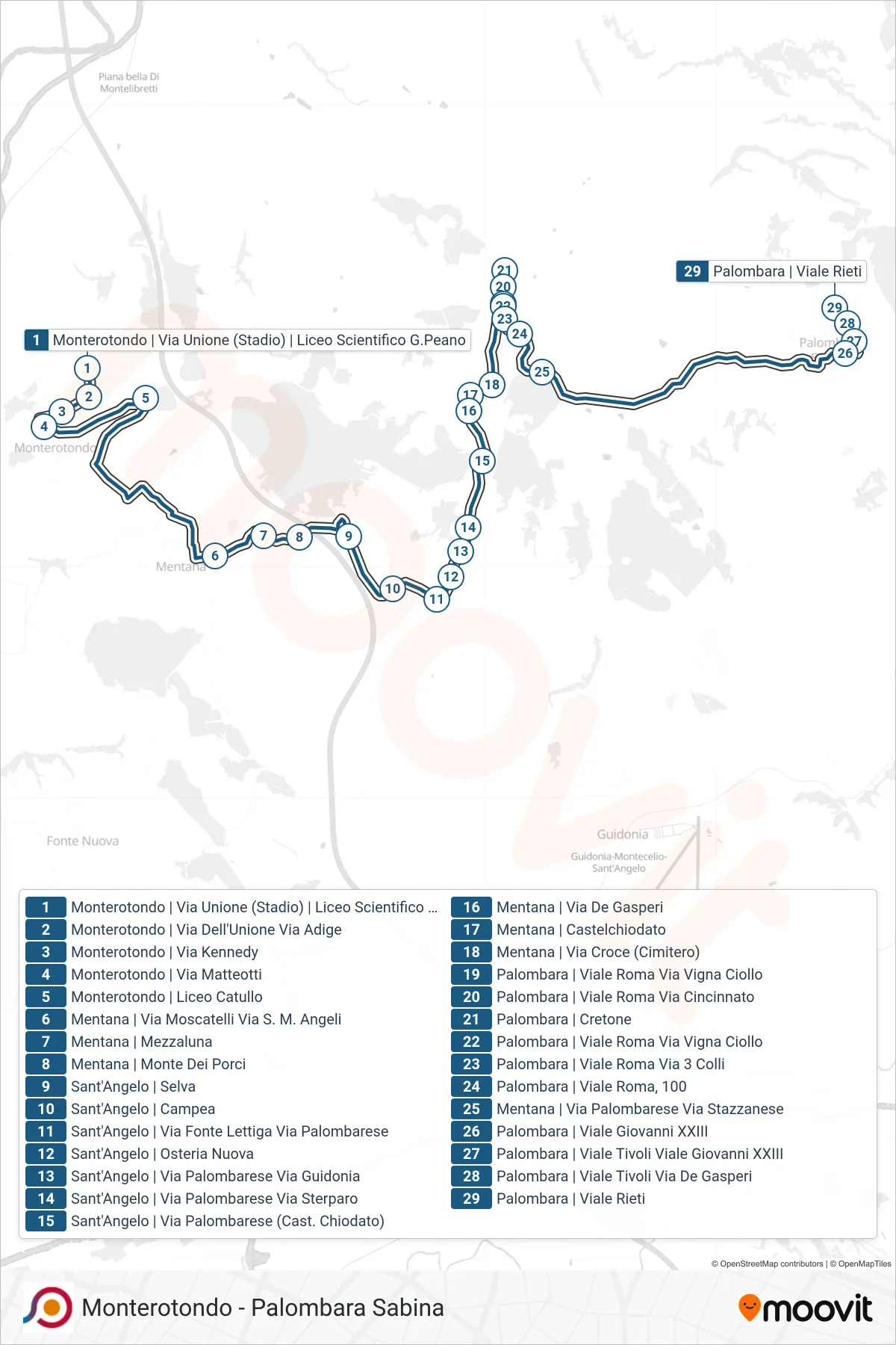 Linea COTRAL bus (Monterotondo | Via Unione (Stadio) | Liceo Scientifico G.Peano→Palombara | Viale Rieti) - Percorsi e fermate sulla mappa