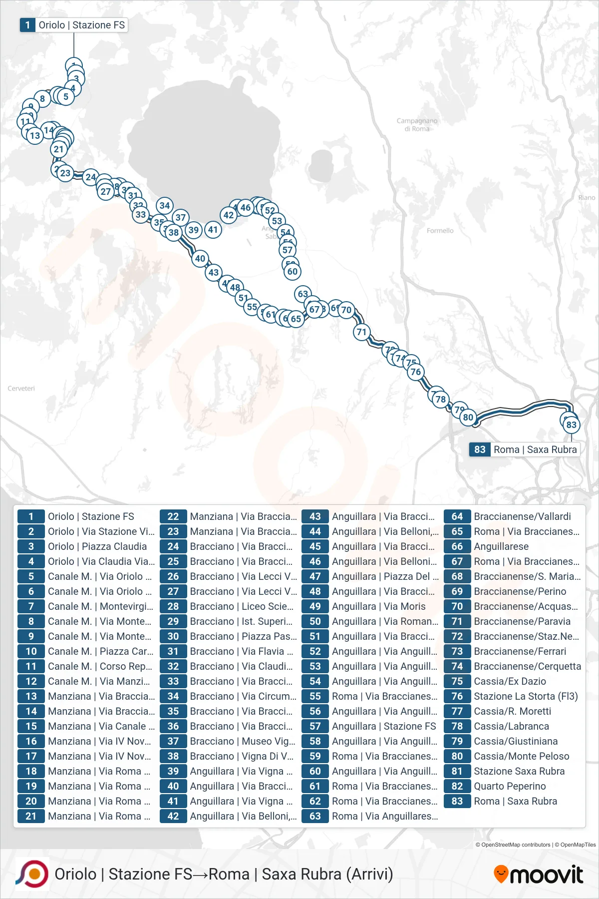 Linea COTRAL bus (Oriolo | Stazione FS→Roma | Saxa Rubra (Arrivi)) - Percorsi e fermate sulla mappa