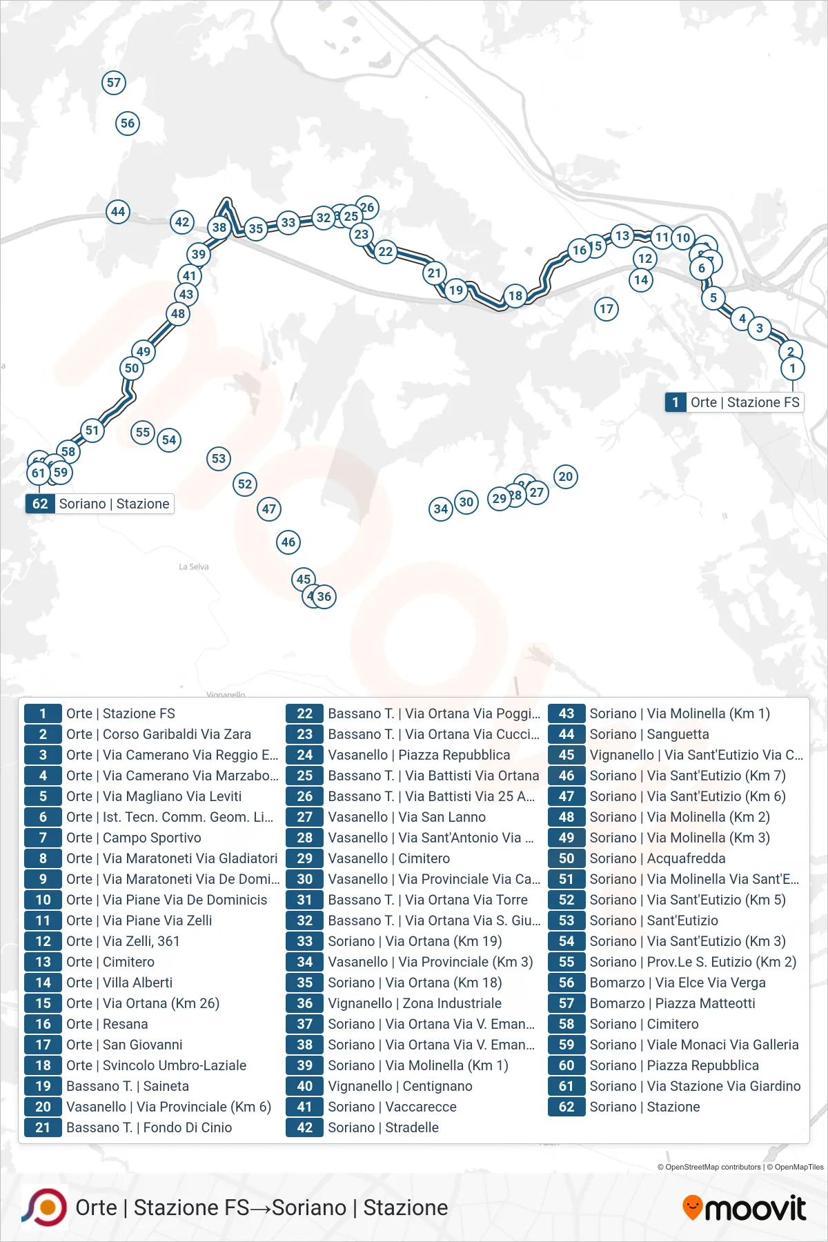Linea COTRAL bus (Orte | Stazione FS→Soriano | Stazione) - Percorsi e fermate sulla mappa