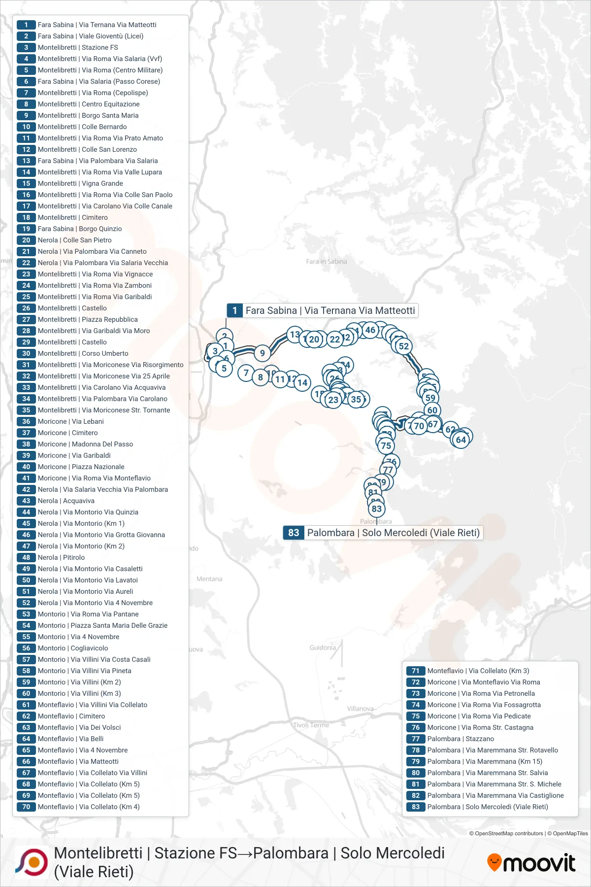 Linea COTRAL bus (Montelibretti | Stazione FS→Palombara | Solo Mercoledi (Viale Rieti)) - Percorsi e fermate sulla mappa