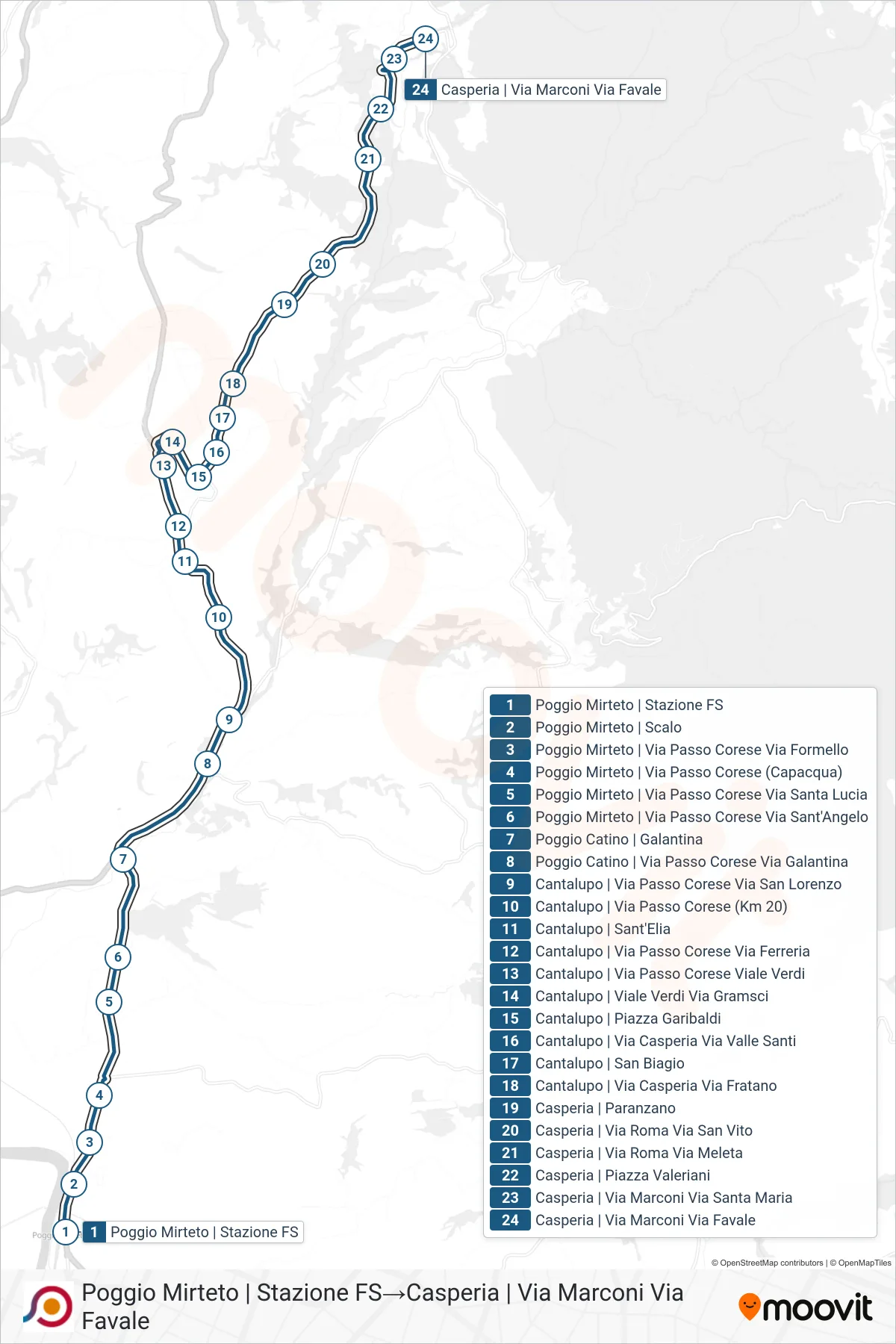 Linea COTRAL bus (Poggio Mirteto | Stazione FS→Casperia | Via Marconi Via Favale) - Percorsi e fermate sulla mappa