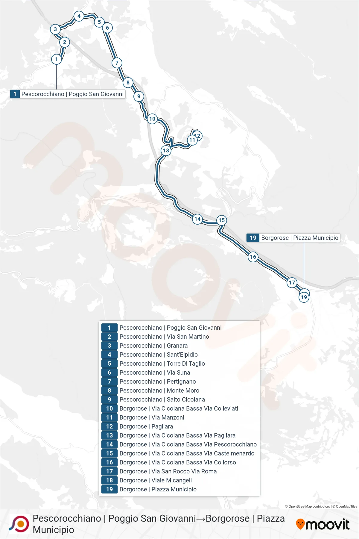 Linea COTRAL bus (Pescorocchiano | Poggio San Giovanni→Borgorose | Piazza Municipio) - Percorsi e fermate sulla mappa