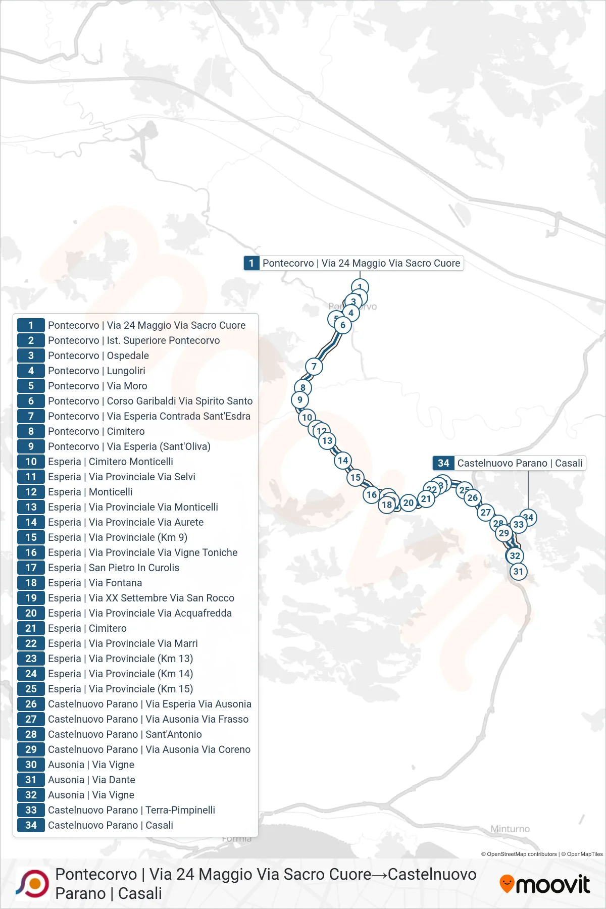 Linea COTRAL bus (Pontecorvo | Via 24 Maggio Via Sacro Cuore→Castelnuovo Parano | Casali) - Percorsi e fermate sulla mappa