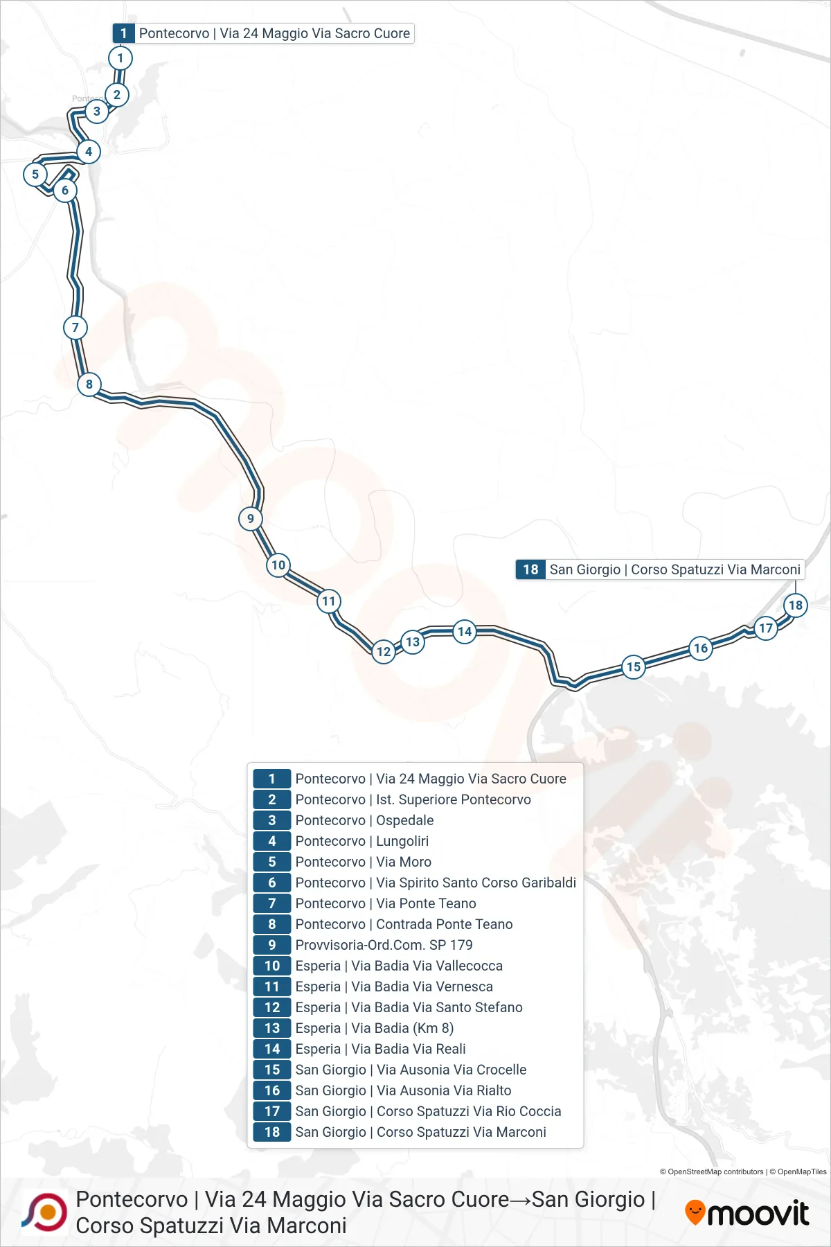 Linea COTRAL bus (Pontecorvo | Via 24 Maggio Via Sacro Cuore→San Giorgio | Corso Spatuzzi Via Marconi) - Percorsi e fermate sulla mappa