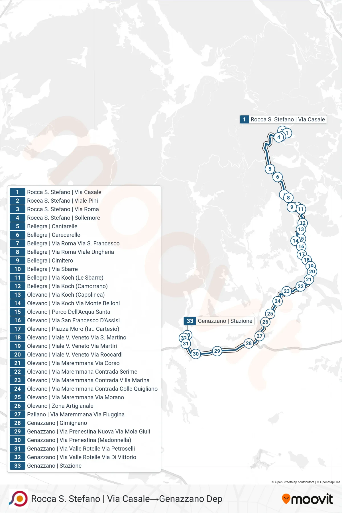 Linea COTRAL  bus (Rocca S. Stefano | Via Casale‎→Genazzano Dep) - Percorsi e fermate sulla mappa
