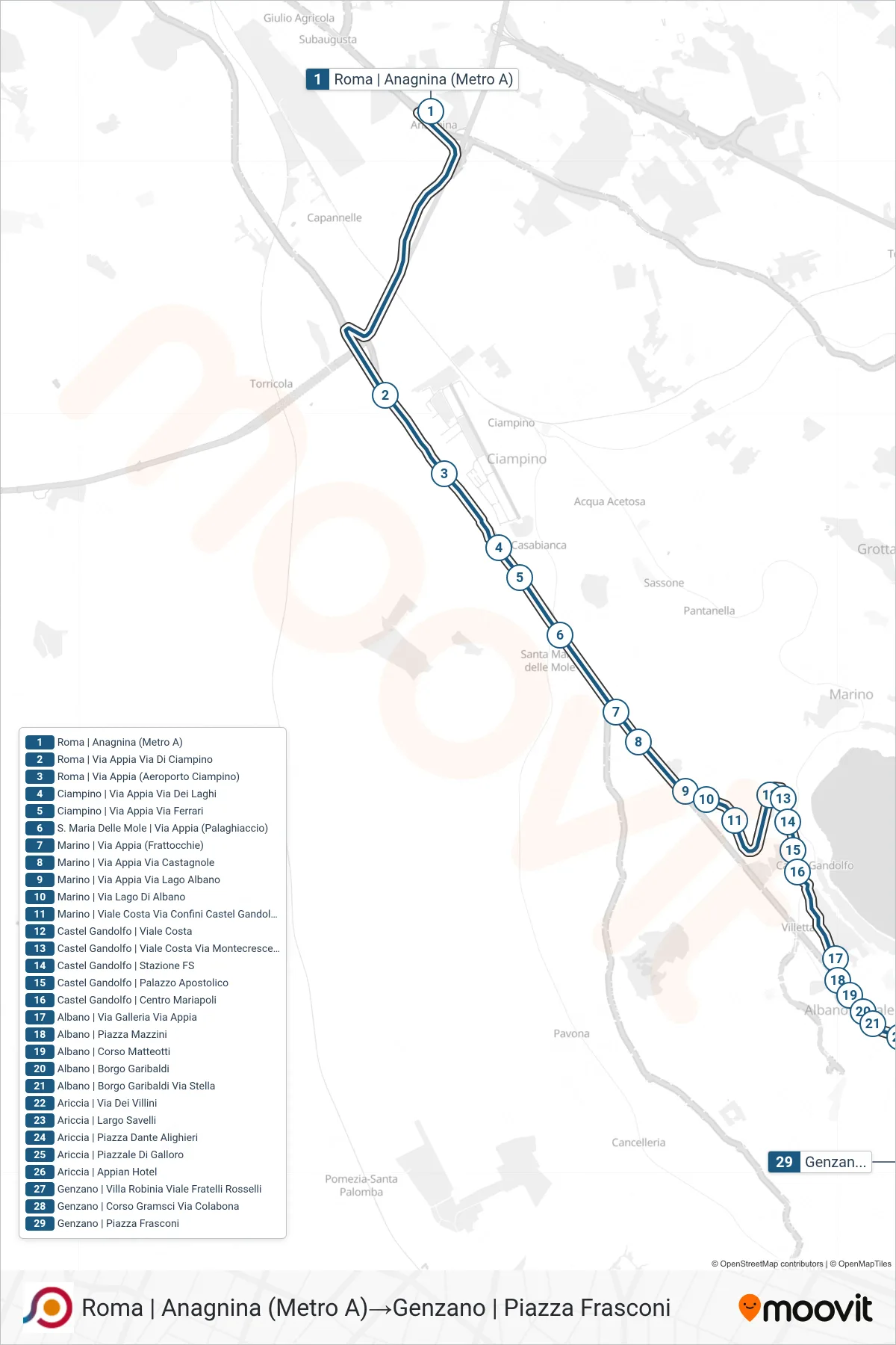 Linea COTRAL bus (Roma | Anagnina (Metro A)→Genzano | Piazza Frasconi) - Percorsi e fermate sulla mappa