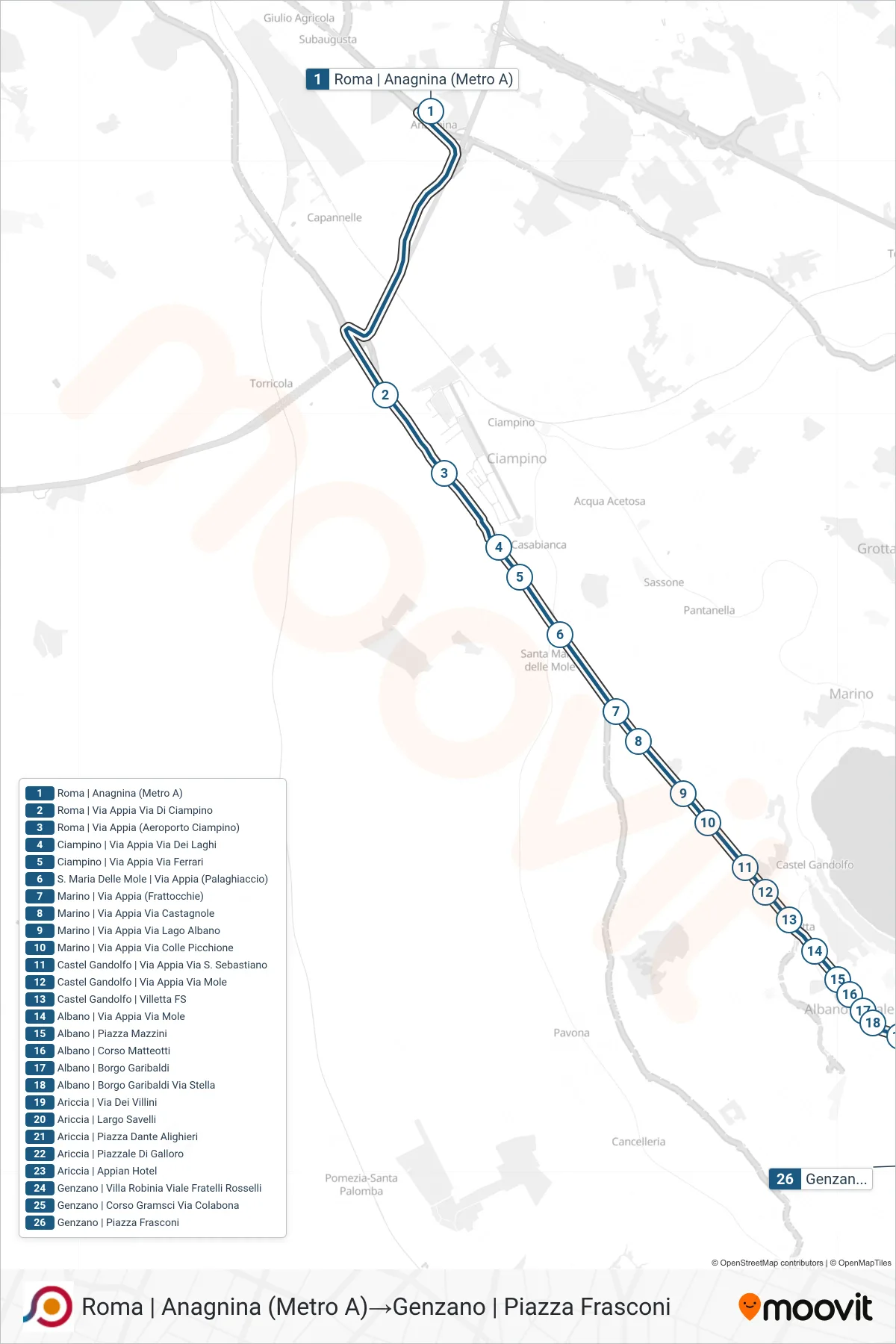 Linea COTRAL bus (Roma | Anagnina (Metro A)→Genzano | Piazza Frasconi) - Percorsi e fermate sulla mappa