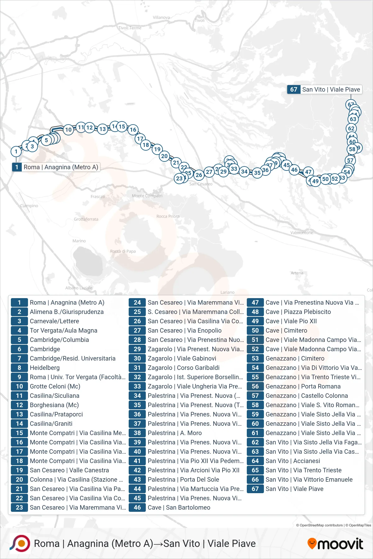 Linea COTRAL bus (Roma | Anagnina (Metro A)→San Vito | Viale Piave) - Percorsi e fermate sulla mappa