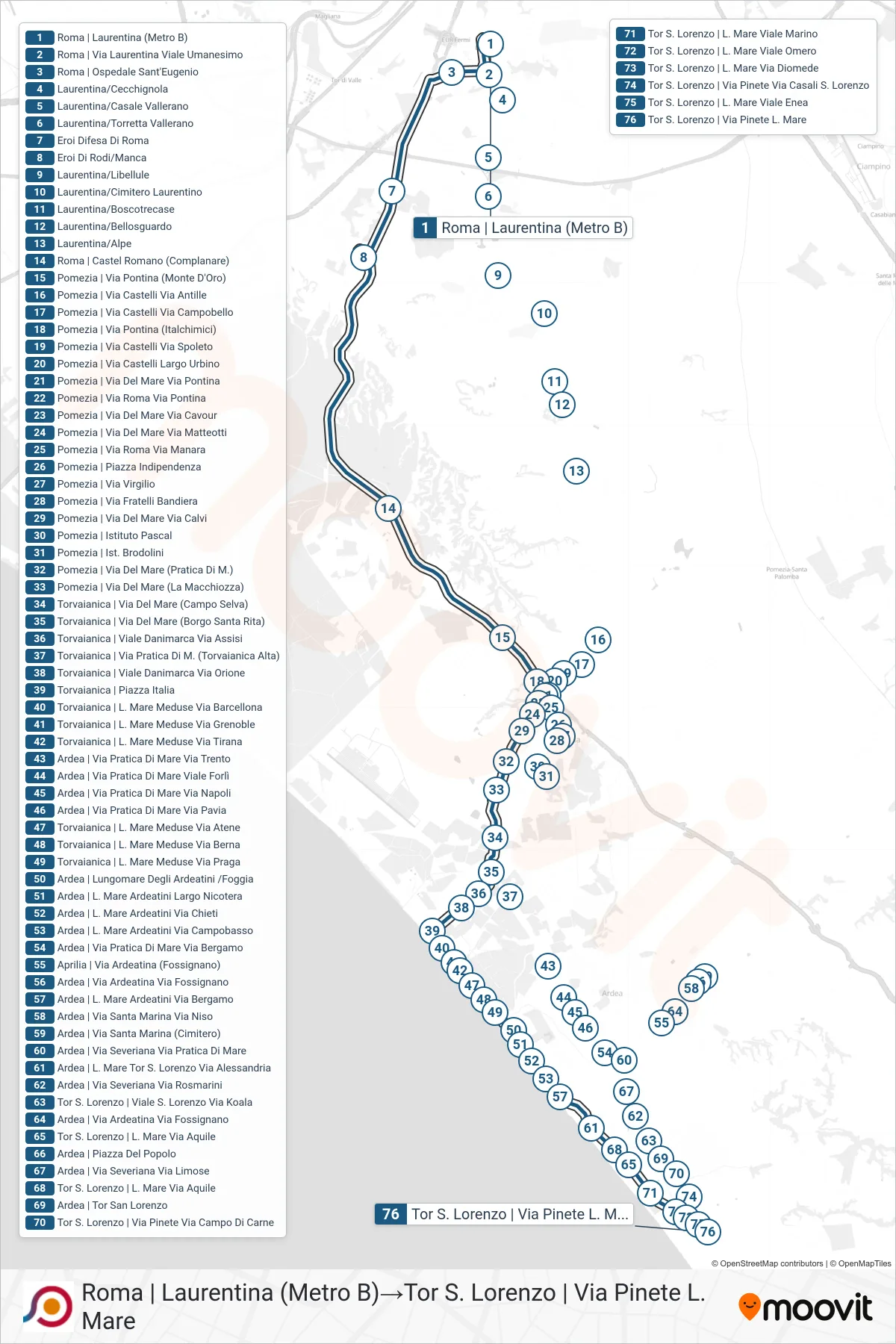 Linea COTRAL  bus (Roma | Laurentina (Metro B)‎→Tor S. Lorenzo | Via Pinete L. Mare) - Percorsi e fermate sulla mappa