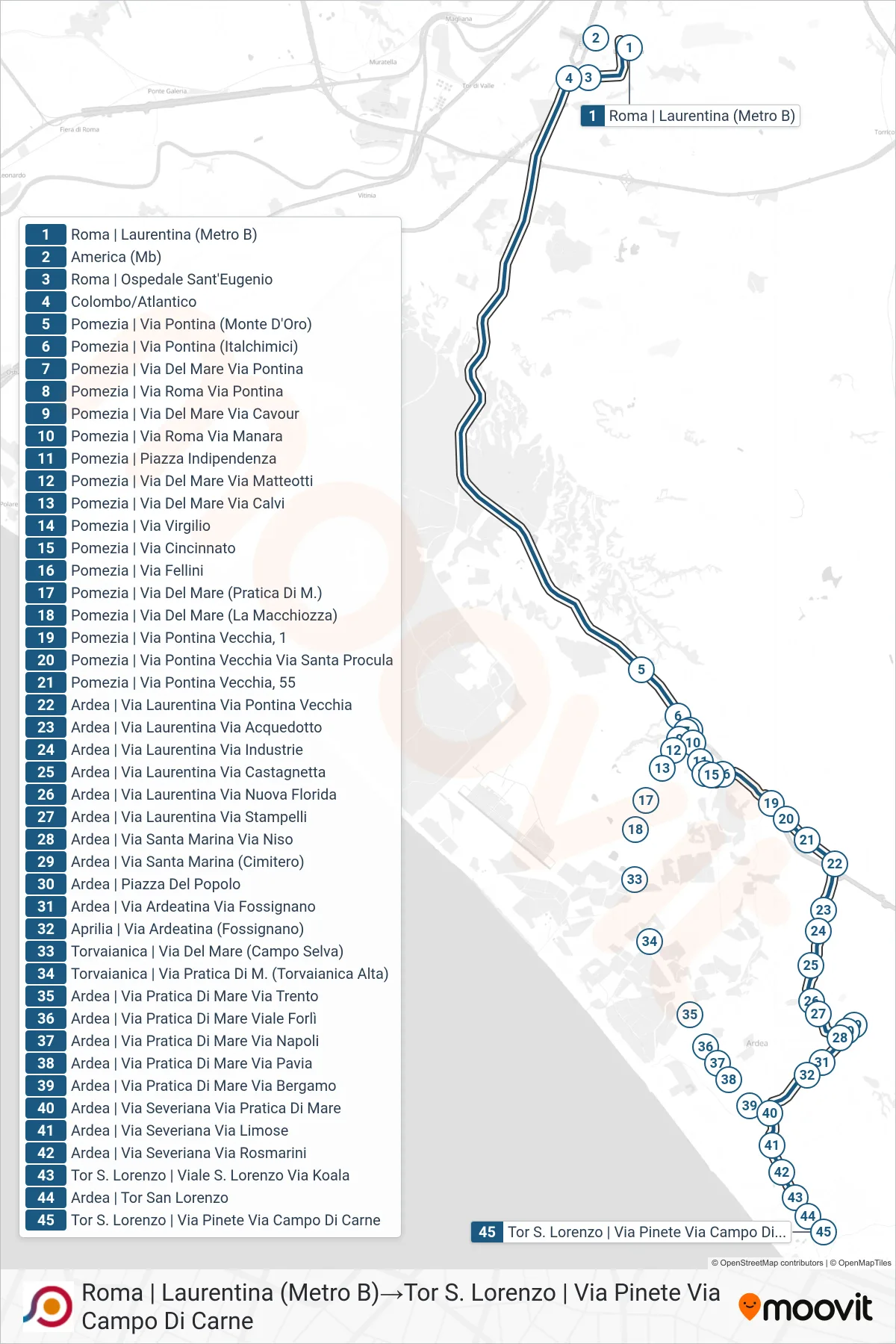 Linea COTRAL bus (Roma | Laurentina (Metro B)→Tor S. Lorenzo | Via Pinete Via Campo Di Carne) - Percorsi e fermate sulla mappa