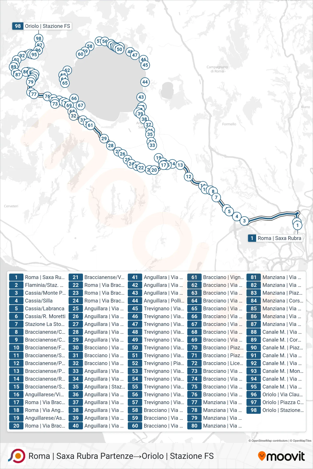 Linea COTRAL bus (Roma | Saxa Rubra Partenze→Oriolo | Stazione FS) - Percorsi e fermate sulla mappa