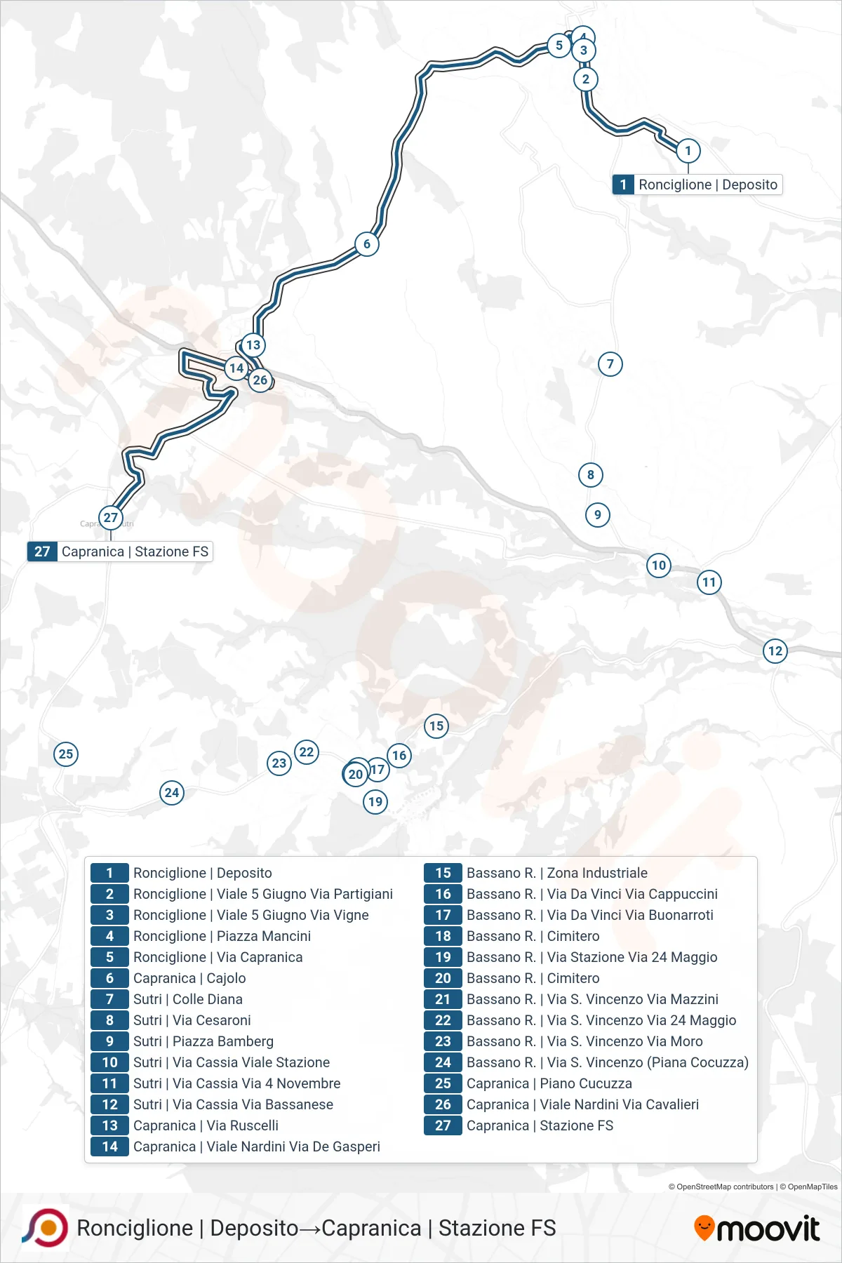 Linea COTRAL bus (Ronciglione | Deposito→Capranica | Stazione FS) - Percorsi e fermate sulla mappa