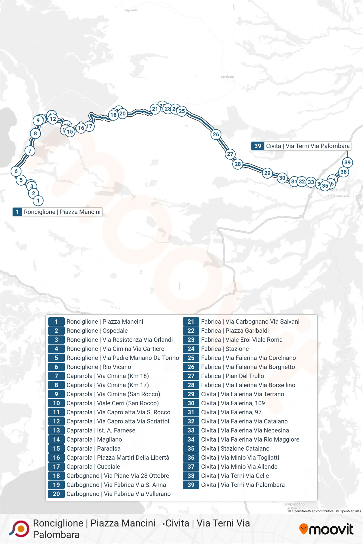 Linea COTRAL bus (Ronciglione | Piazza Mancini→Civita | Via Terni Via Palombara) - Percorsi e fermate sulla mappa