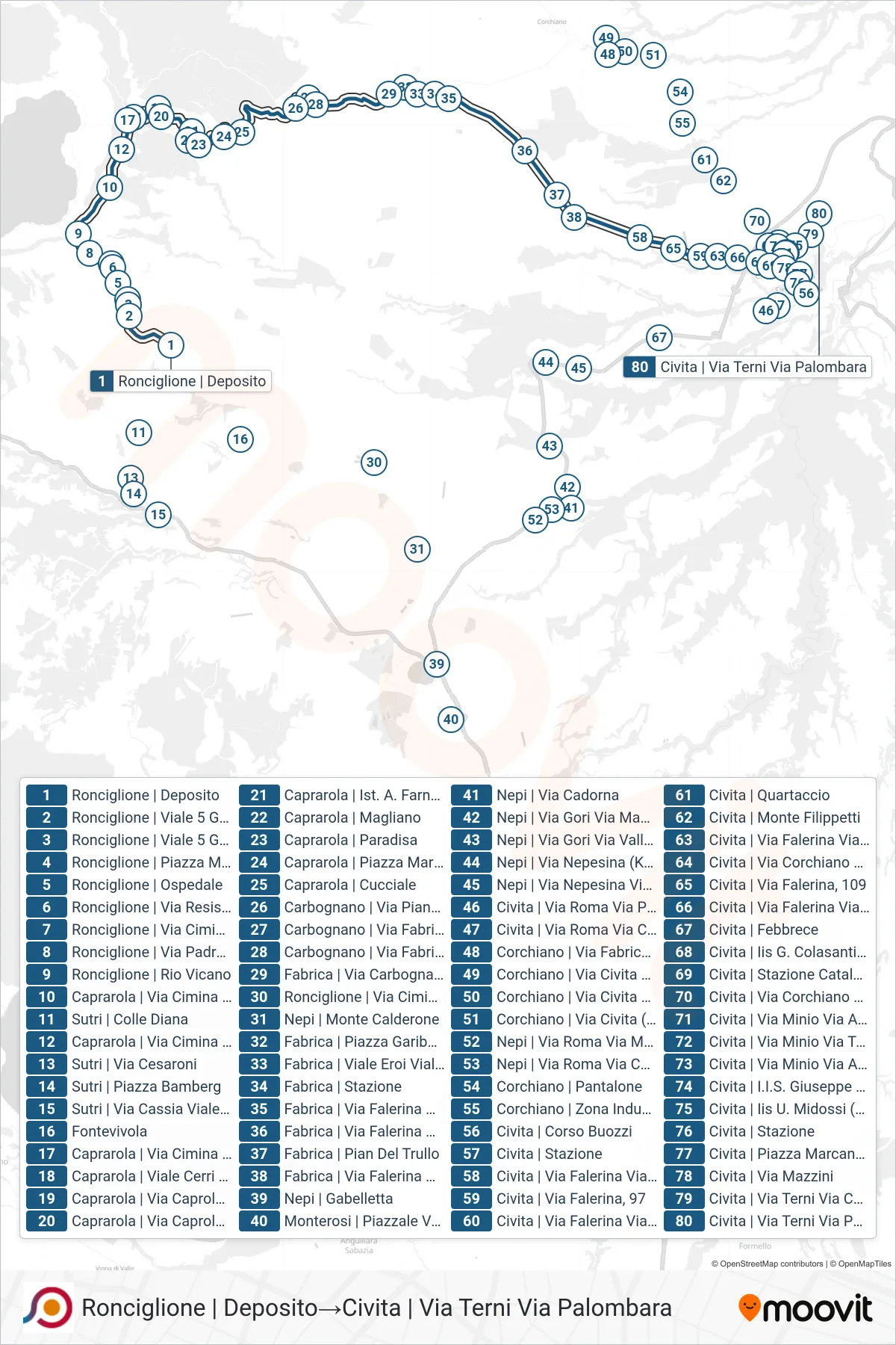 Linea COTRAL bus (Ronciglione | Deposito→Civita | Via Terni Via Palombara) - Percorsi e fermate sulla mappa