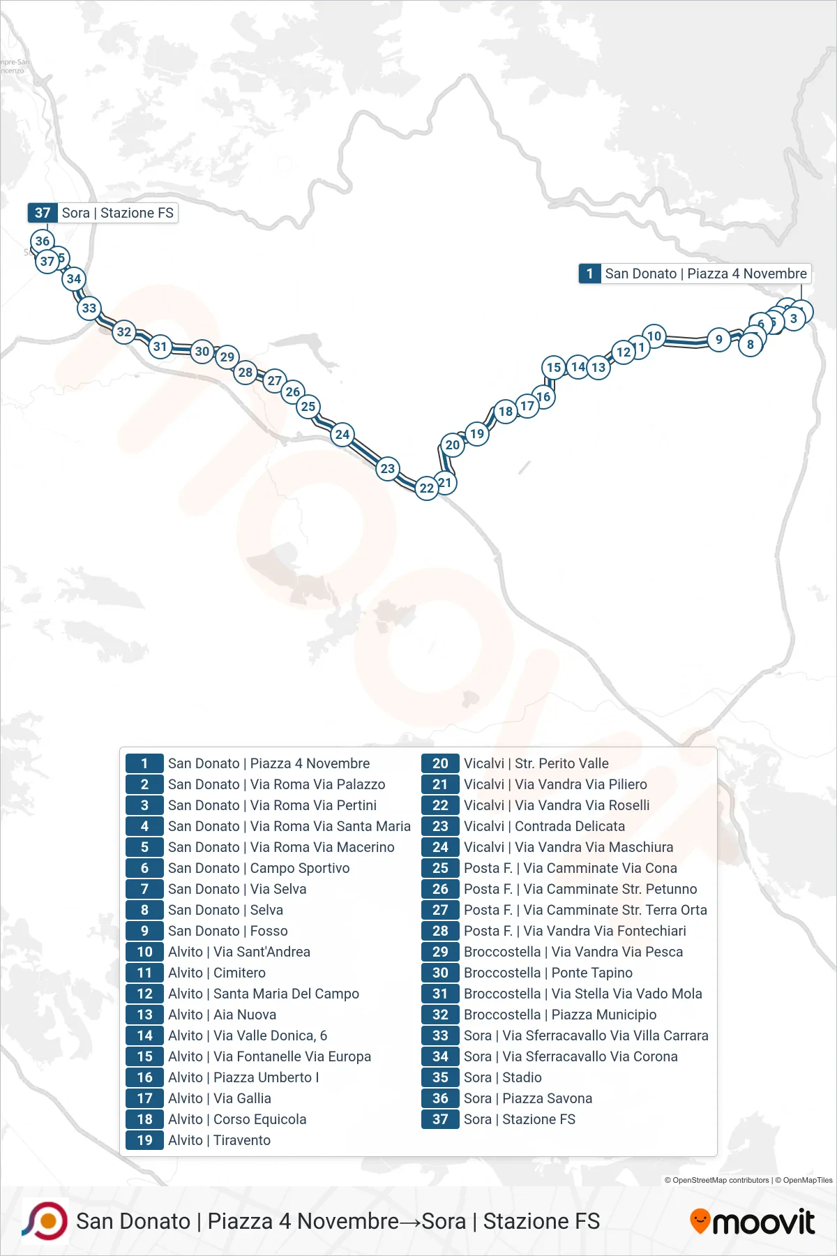 Linea COTRAL bus (San Donato | Piazza 4 Novembre→Sora | Stazione FS) - Percorsi e fermate sulla mappa