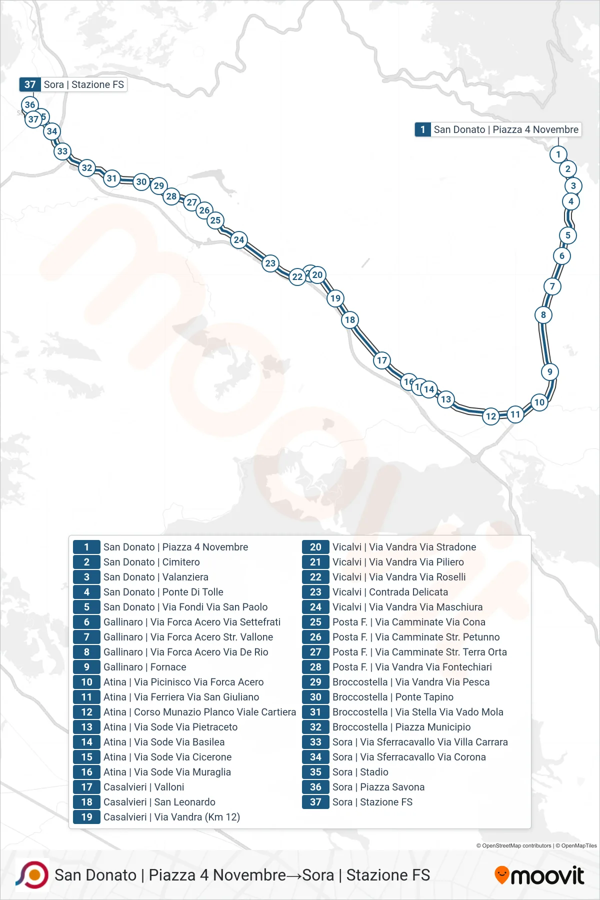 Linea COTRAL bus (San Donato | Piazza 4 Novembre→Sora | Stazione FS) - Percorsi e fermate sulla mappa
