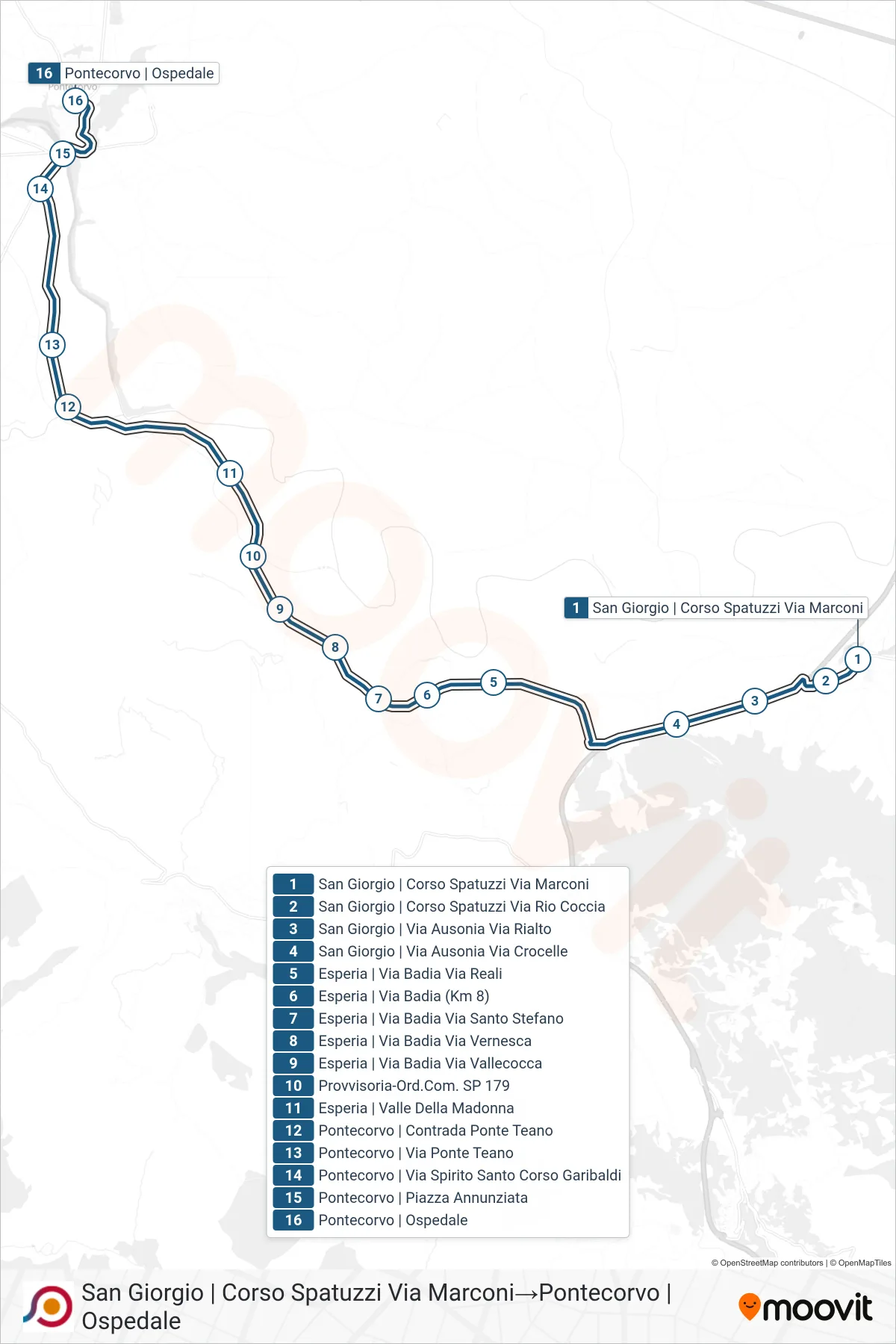 Linea COTRAL bus (San Giorgio | Corso Spatuzzi Via Marconi→Pontecorvo | Ospedale) - Percorsi e fermate sulla mappa