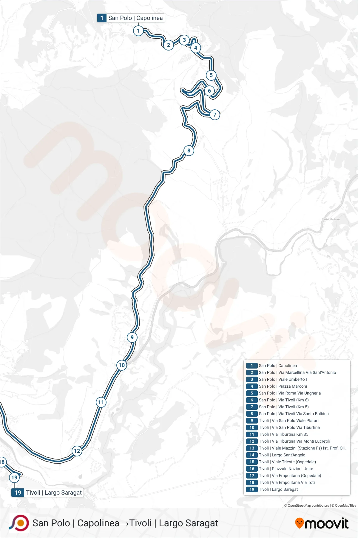 Linea COTRAL bus (San Polo | Capolinea→Tivoli | Largo Saragat) - Percorsi e fermate sulla mappa