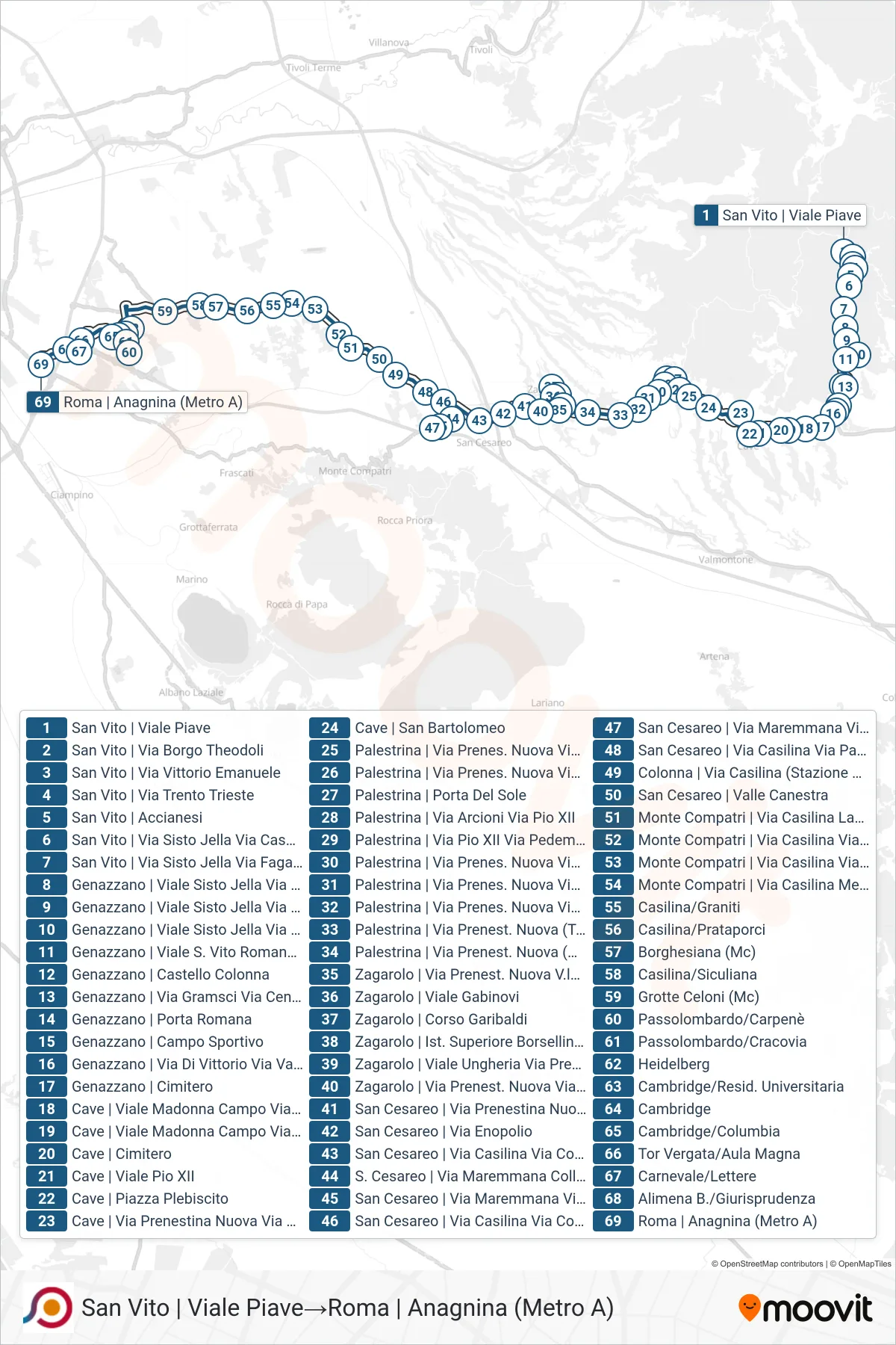 Linea COTRAL bus (San Vito | Viale Piave→Roma | Anagnina (Metro A)) - Percorsi e fermate sulla mappa