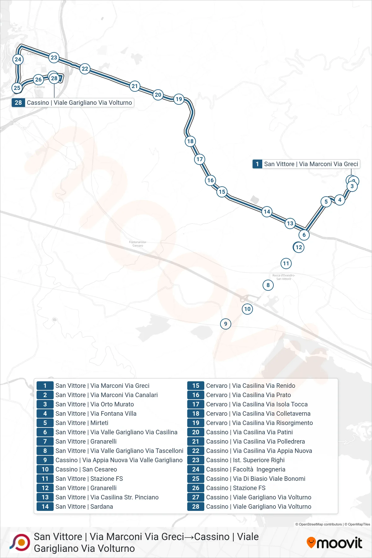 COTRAL bus Line (San Vittore via Marconi via Greci→Cassino via Garigliano via Volturno) route and stops on a map