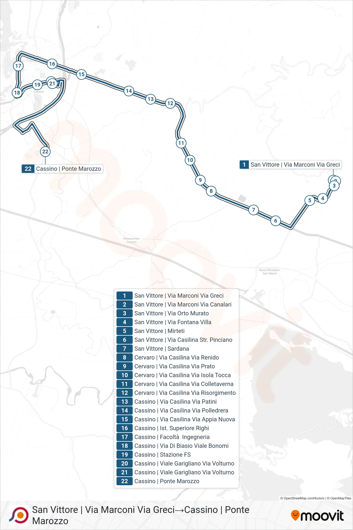 COTRAL bus Line (San Vittore via Marconi via Greci→Cassino via Ponte Marozzo) route and stops on a map