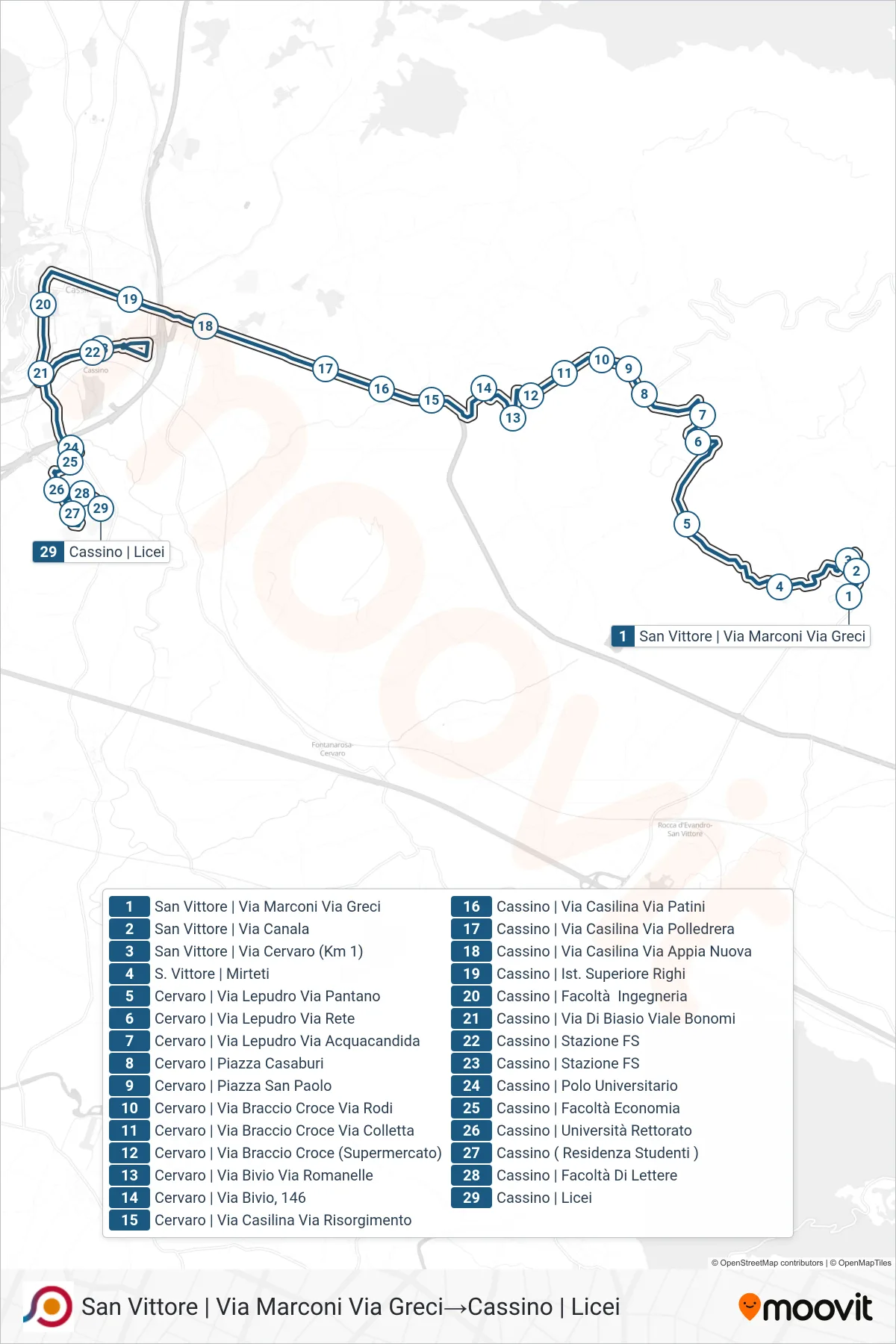 COTRAL bus Line (San Vittore via Marconi via Greci→Cassino High Schools) route and stops on a map