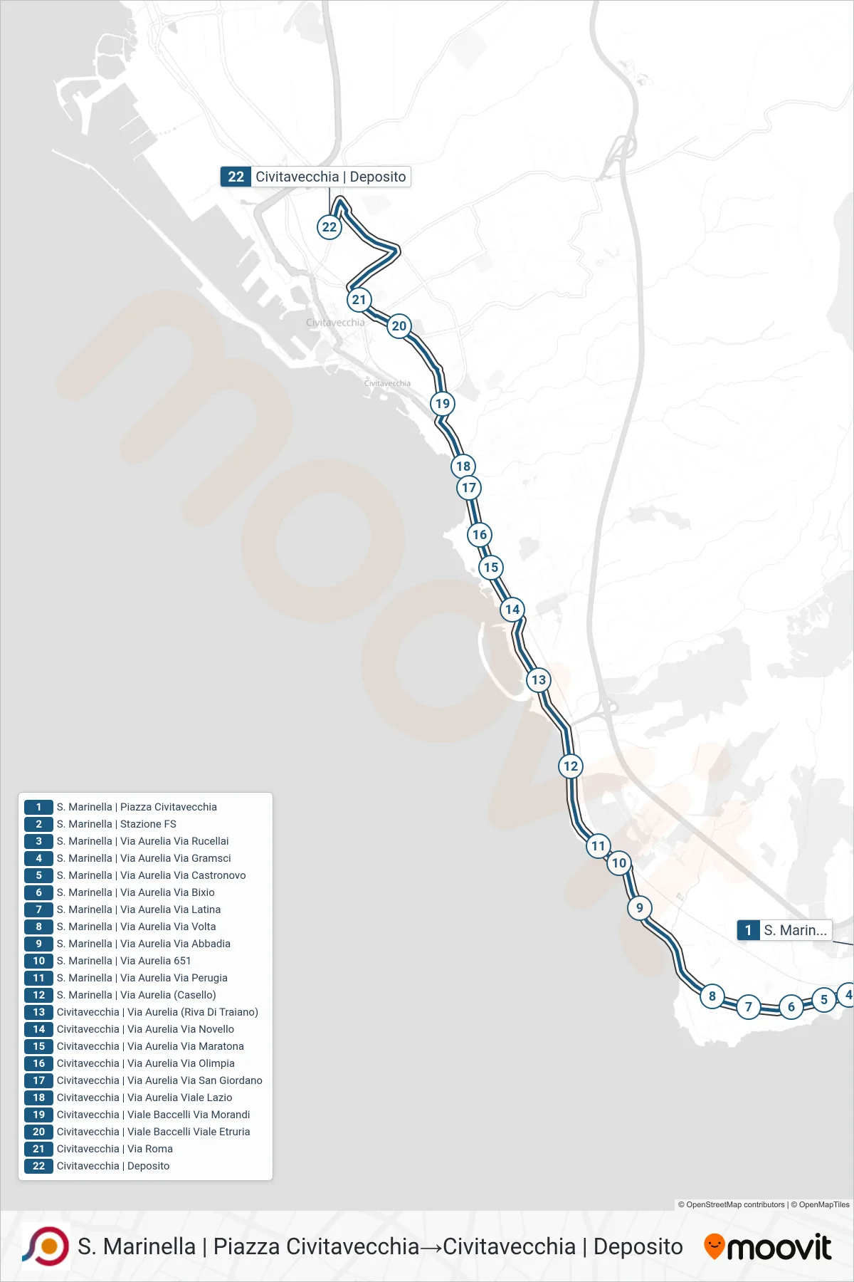Linea COTRAL bus (S. Marinella | Piazza Civitavecchia→Civitavecchia | Deposito) - Percorsi e fermate sulla mappa