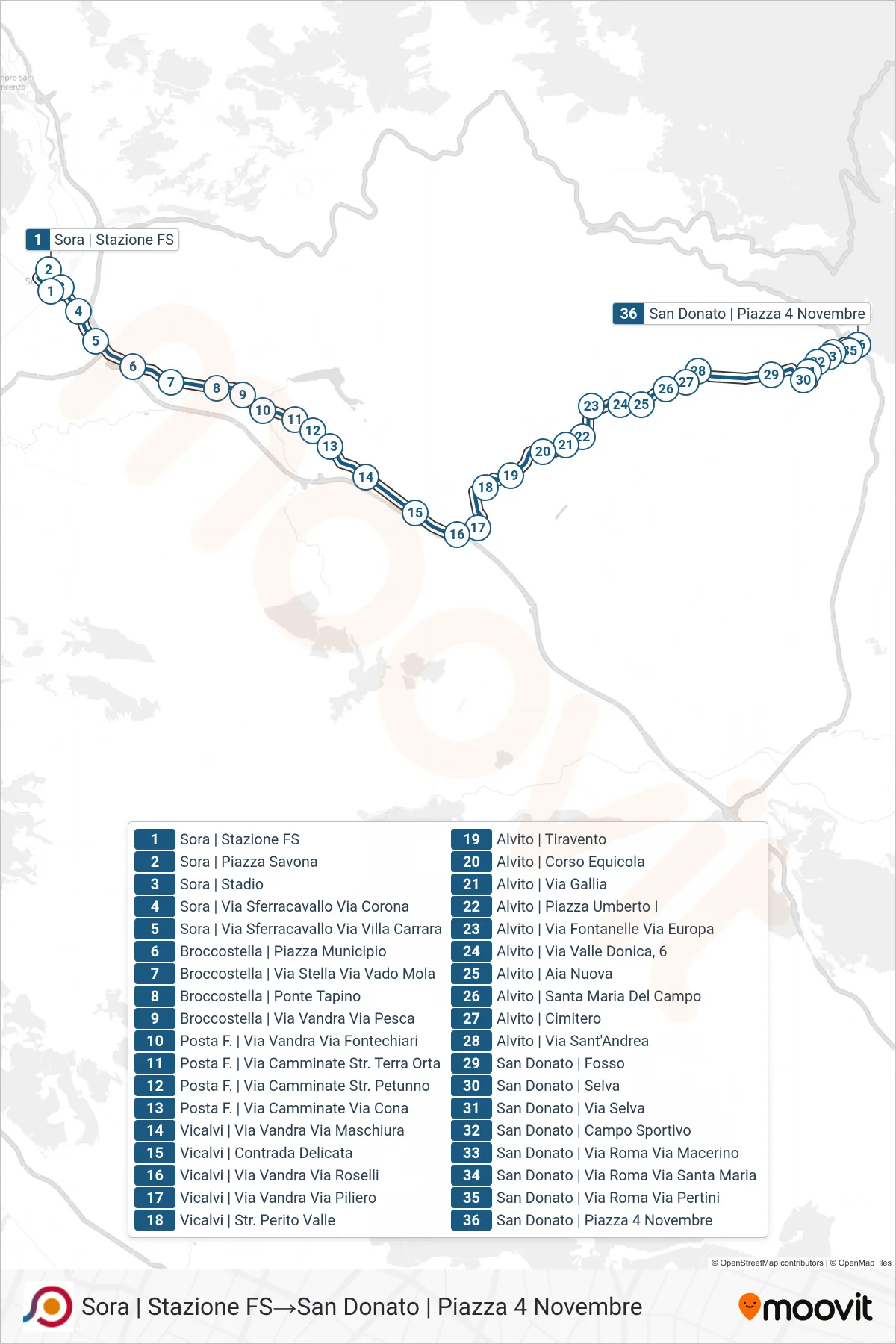 Linea COTRAL  bus (Sora | Stazione FS‎→San Donato | Piazza 4 Novembre) - Percorsi e fermate sulla mappa