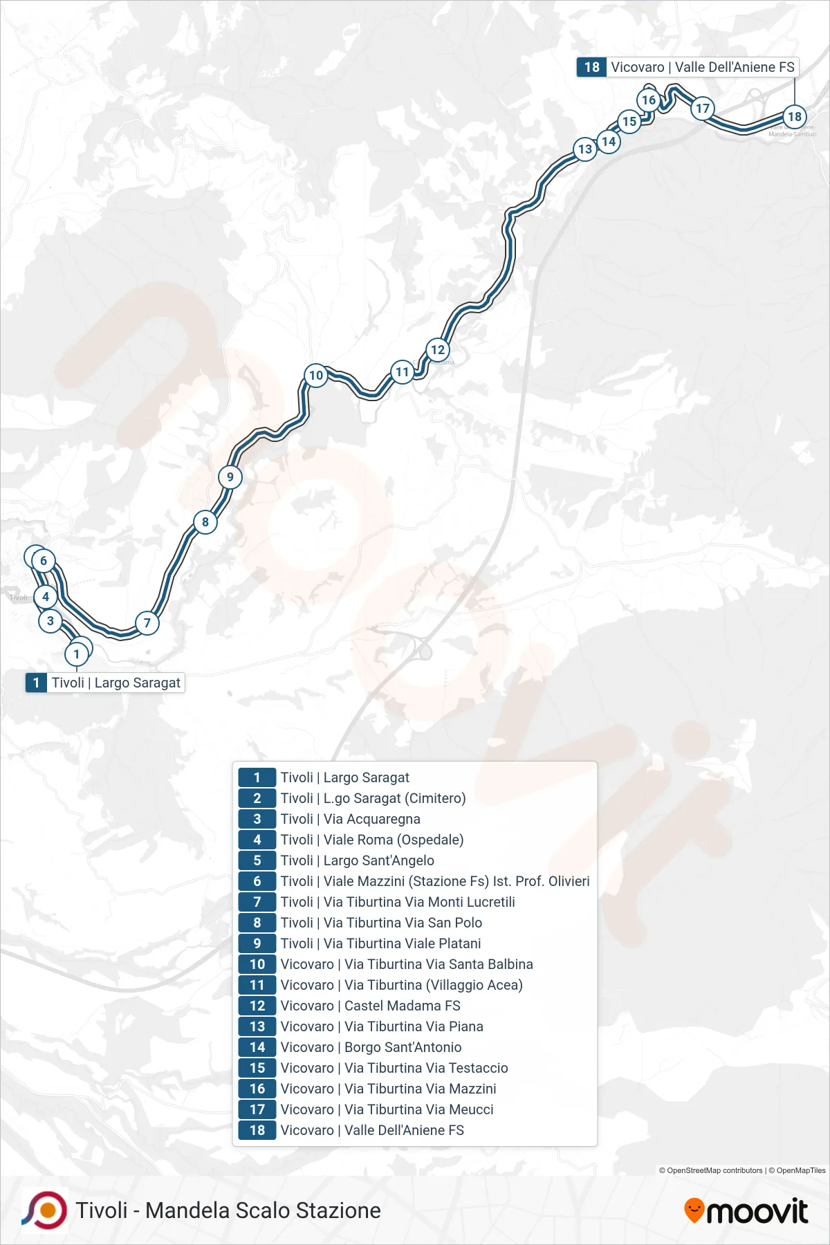 Linea COTRAL bus (Tivoli | Largo Saragat→Vicovaro | Valle Dell'Aniene FS) - Percorsi e fermate sulla mappa