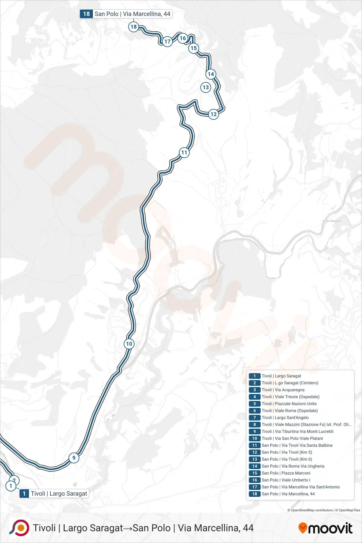 Linea COTRAL bus (Tivoli | Largo Saragat→San Polo | Via Marcellina, 44) - Percorsi e fermate sulla mappa