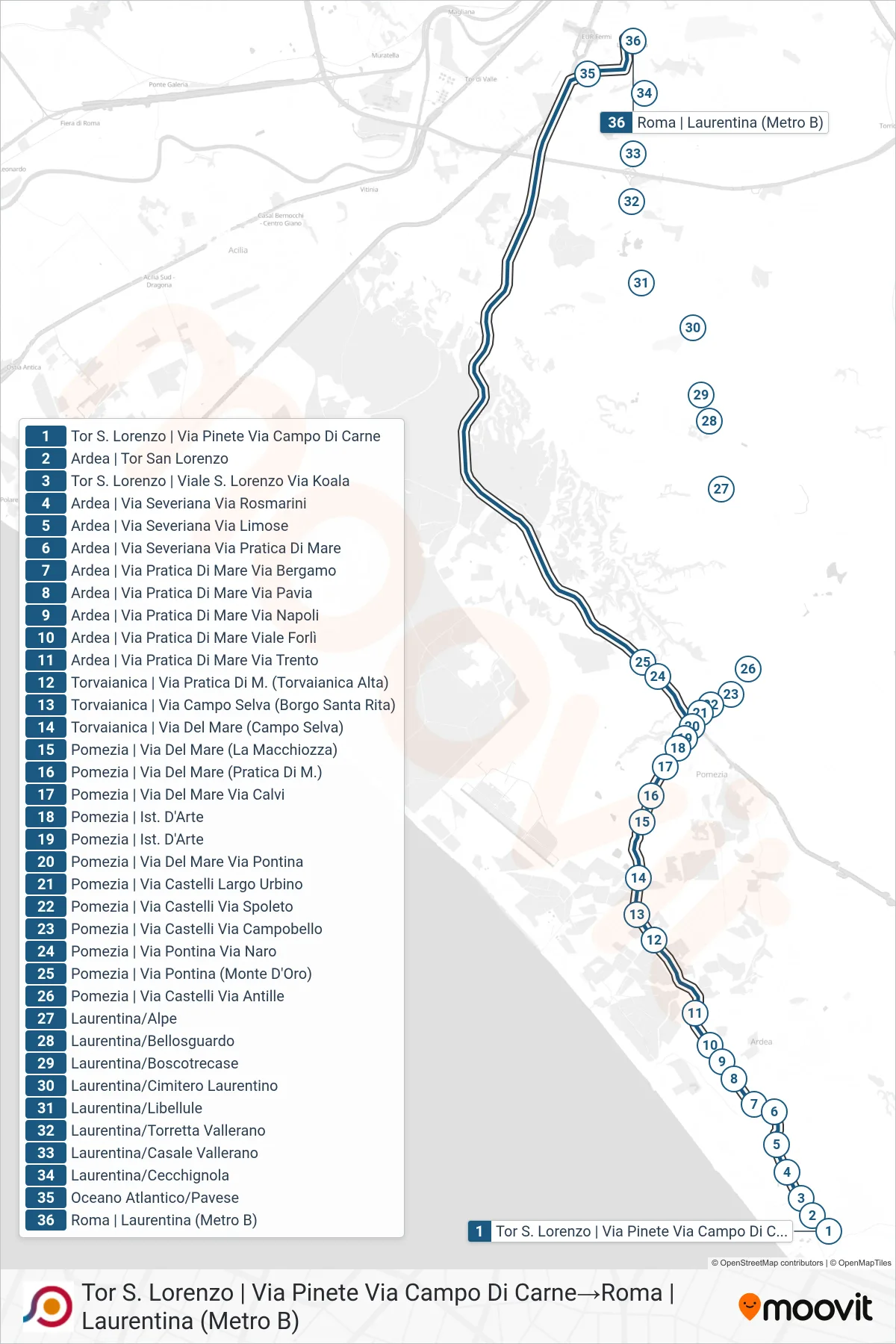 Linea COTRAL bus (Tor S. Lorenzo | Via Pinete Via Campo Di Carne→Roma | Laurentina (Metro B)) - Percorsi e fermate sulla mappa