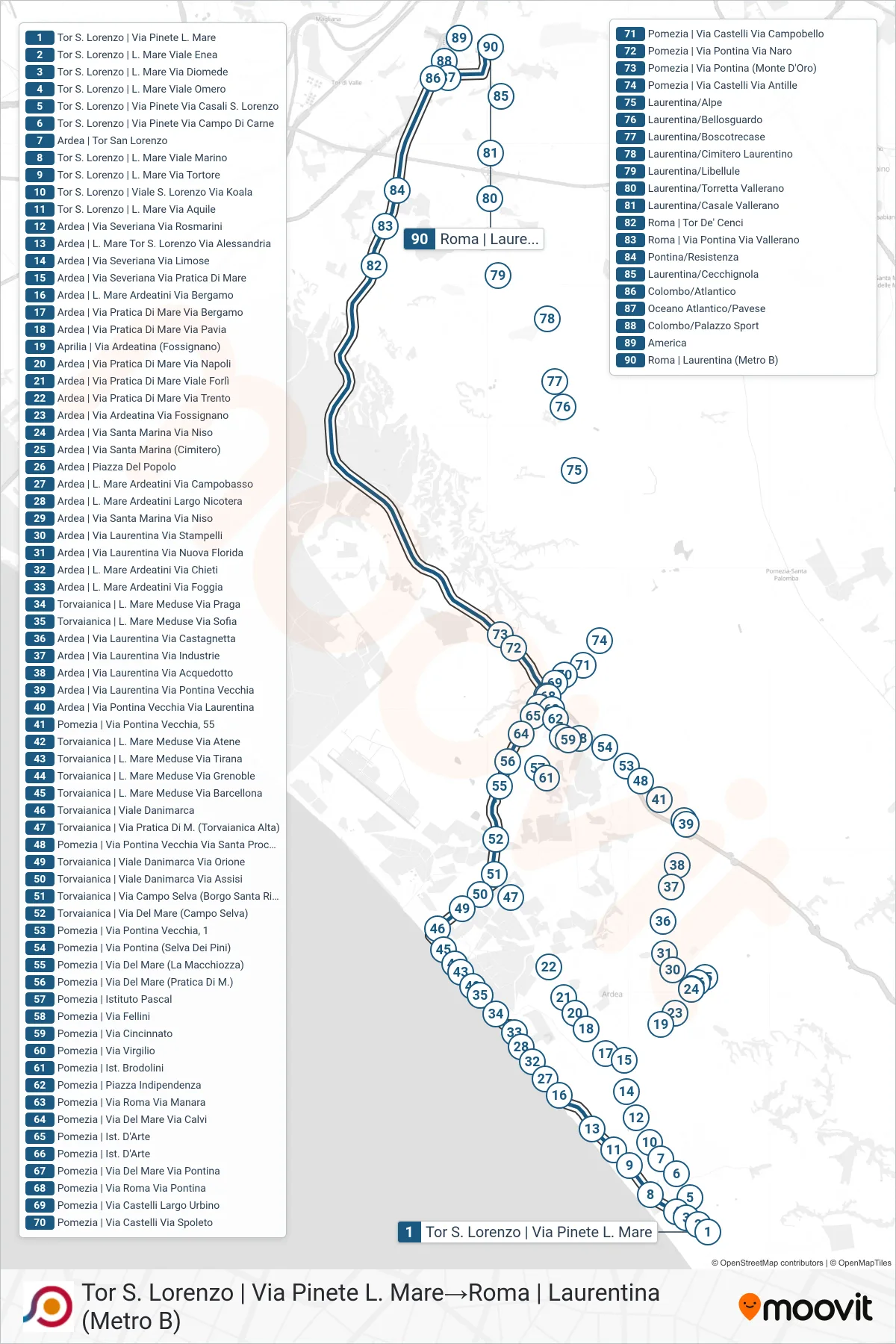 COTRAL bus Line (Tor San Lorenzo | Via Pinete Seafront→Rome | Laurentina (Metro B)) route and stops on a map