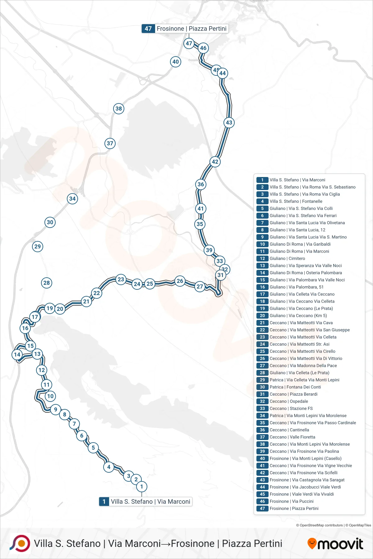 Linea COTRAL bus (Villa S. Stefano | Via Marconi→Frosinone | Piazza Pertini) - Percorsi e fermate sulla mappa