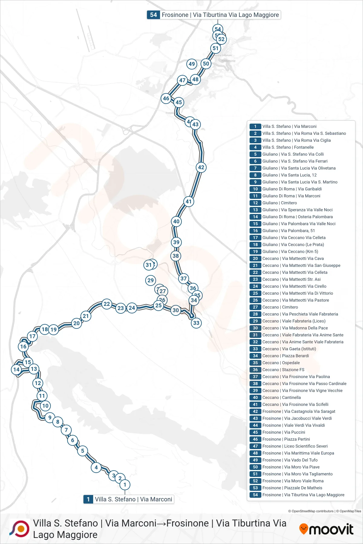 Linea COTRAL  bus (Villa S. Stefano | Via Marconi‎→Frosinone | Via Tiburtina Via Lago Maggiore) - Percorsi e fermate sulla mappa