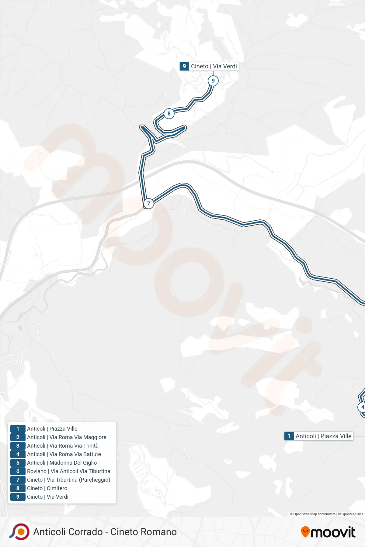 Linea COTRAL bus (Anticoli | Piazza Ville→Cineto | Via Verdi) - Percorsi e fermate sulla mappa
