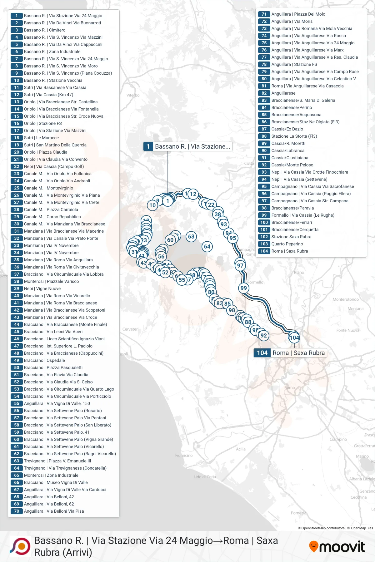 Linea COTRAL bus (Bassano R. | Via Stazione Via 24 Maggio→Roma | Saxa Rubra (Arrivi)) - Percorsi e fermate sulla mappa