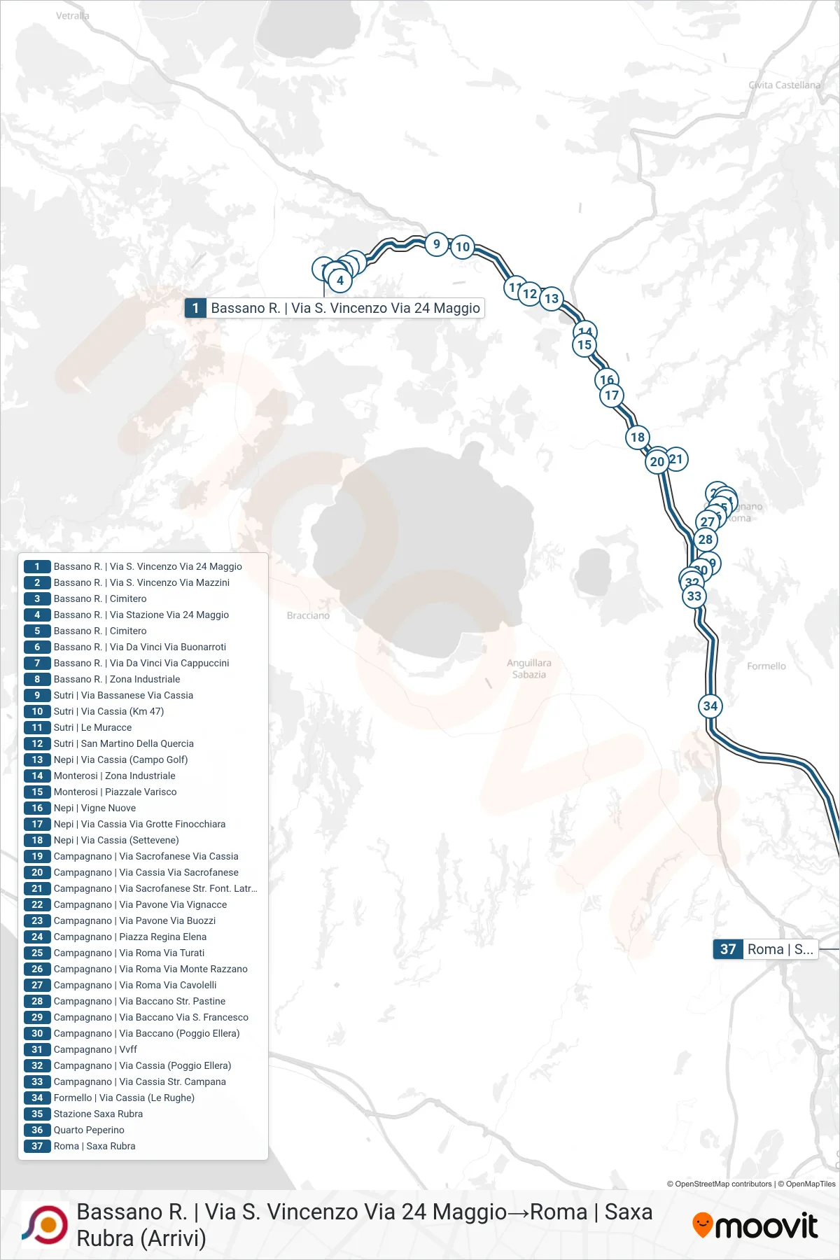 Linea COTRAL bus (Bassano R. | Via S. Vincenzo Via 24 Maggio→Roma | Saxa Rubra (Arrivi)) - Percorsi e fermate sulla mappa