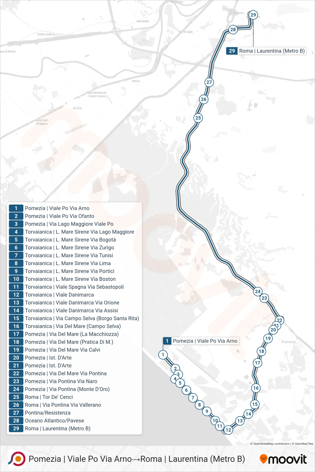 Linea COTRAL bus (Pomezia | Viale Po Via Arno→Roma | Laurentina (Metro B)) - Percorsi e fermate sulla mappa