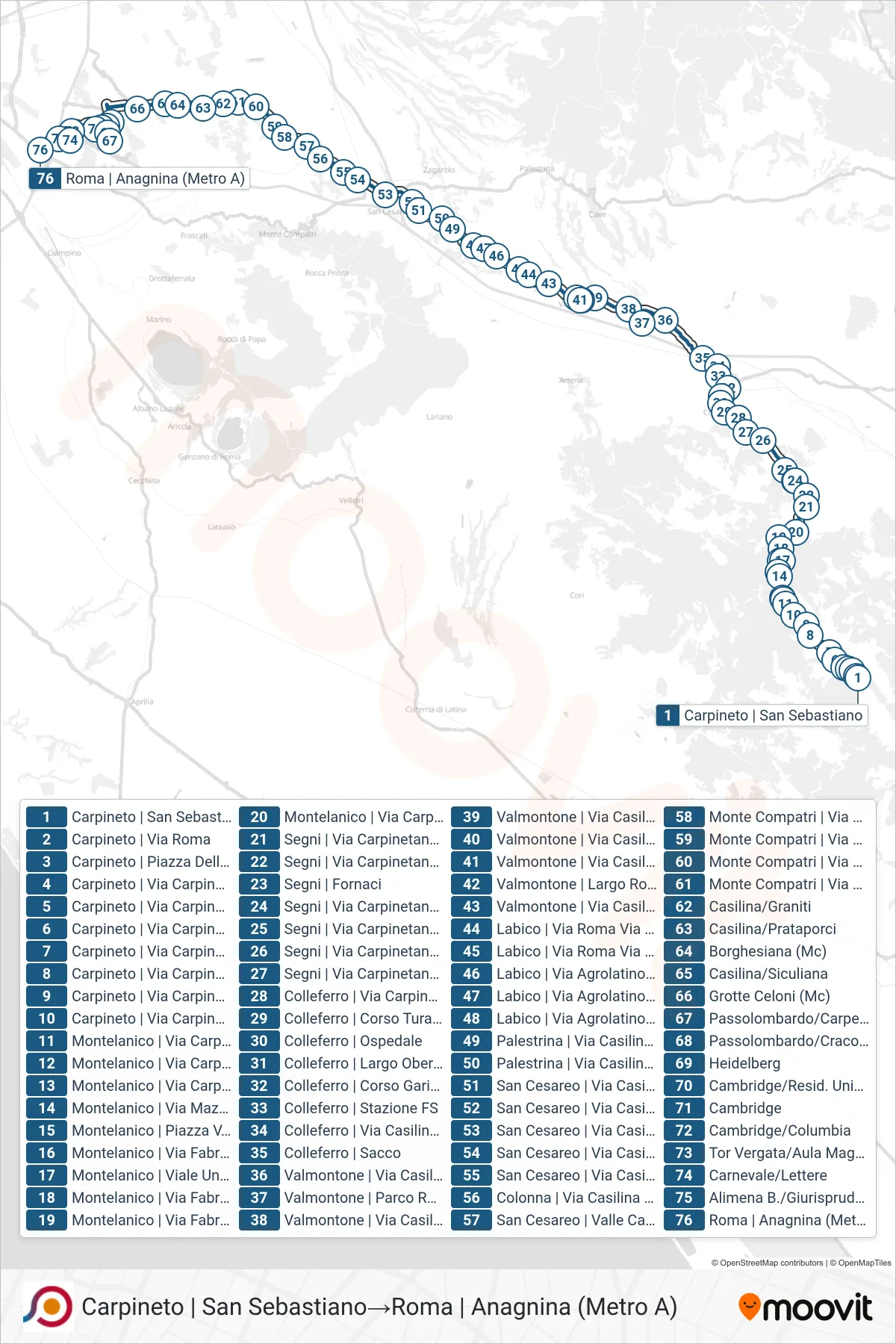 Linea COTRAL bus (Carpineto | San Sebastiano→Roma | Anagnina (Metro A)) - Percorsi e fermate sulla mappa