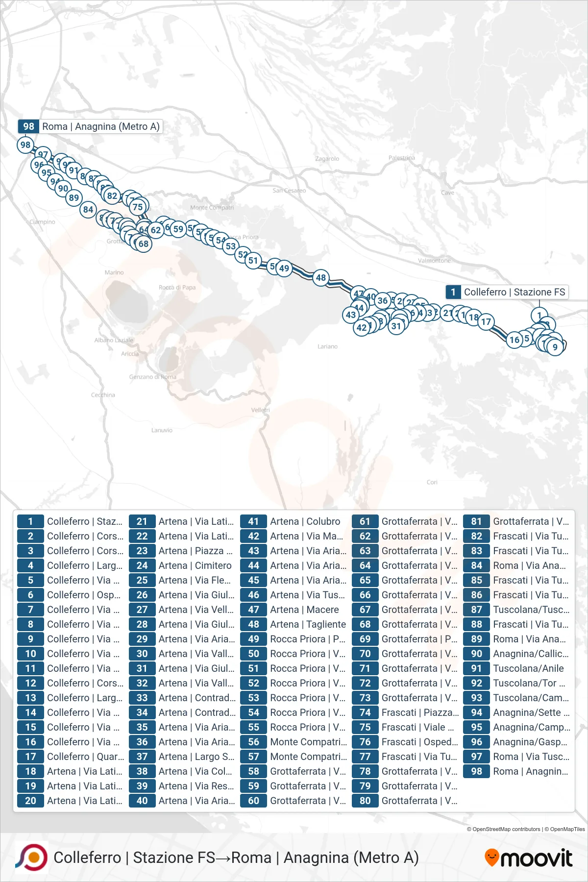 Linea COTRAL bus (Colleferro | Stazione FS→Roma | Anagnina (Metro A)) - Percorsi e fermate sulla mappa