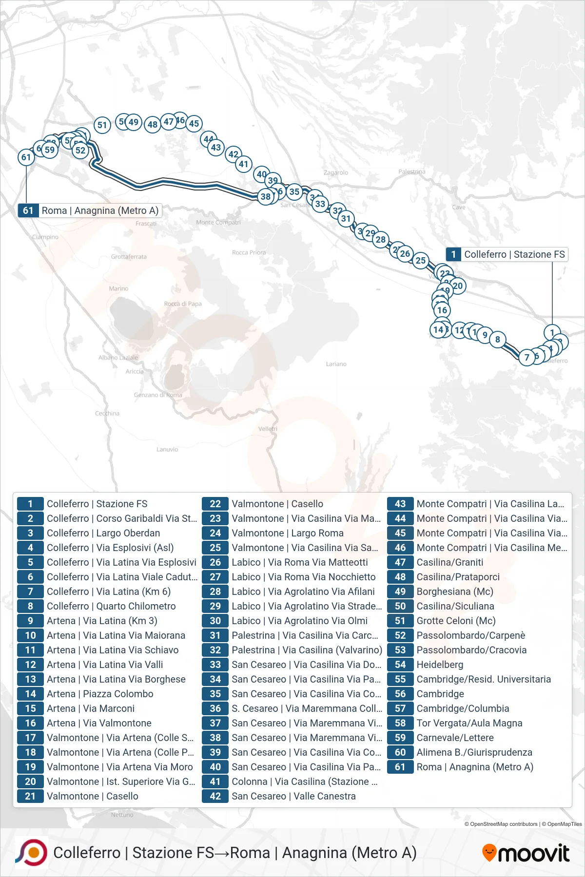 COTRAL bus Line (Colleferro | Railway Station→Rome | Anagnina (Metro A)) route and stops on a map