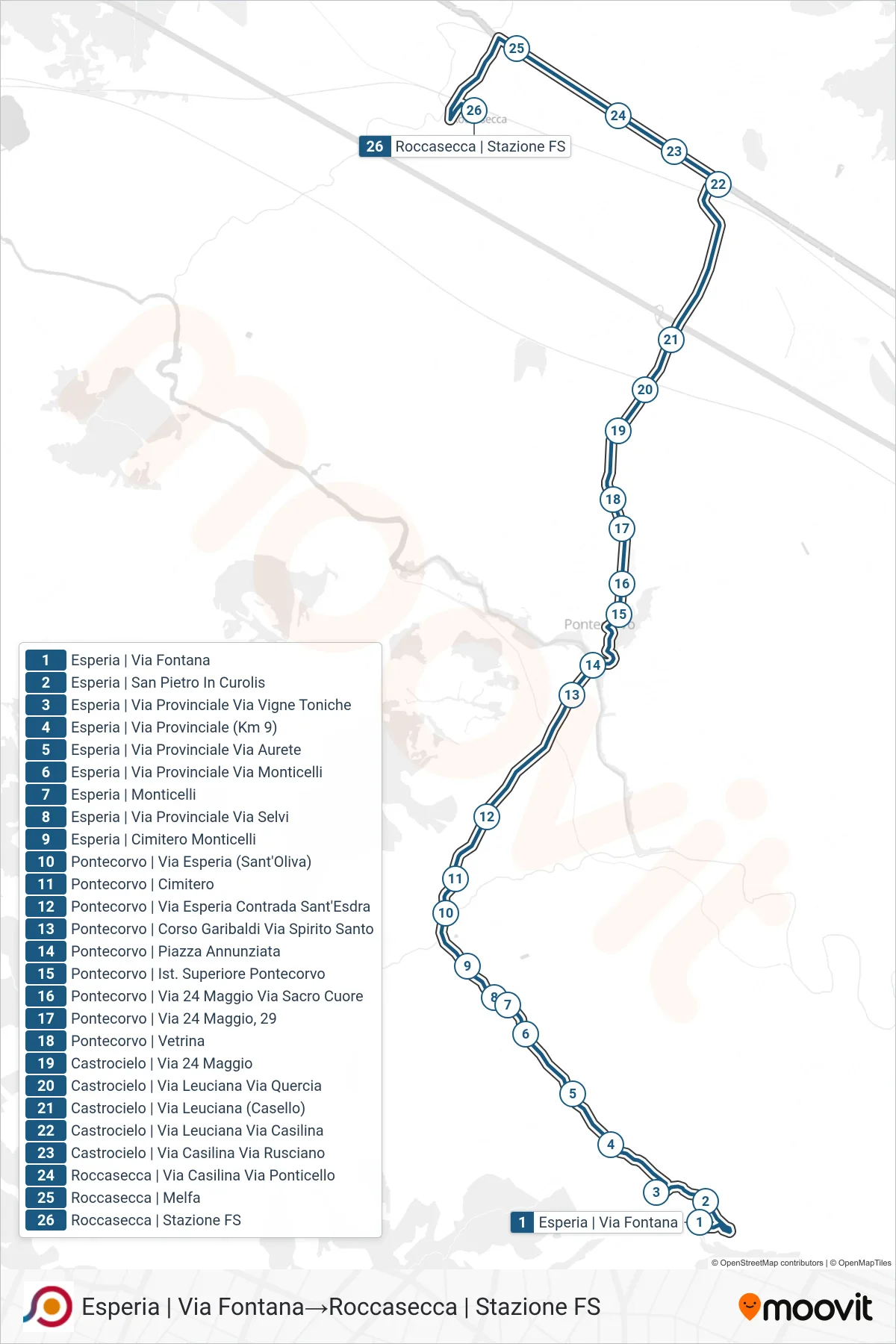Linea COTRAL bus (Esperia | Via Fontana→Roccasecca | Stazione FS) - Percorsi e fermate sulla mappa